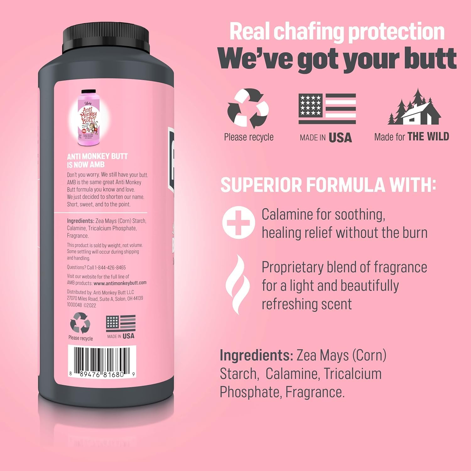 Anti Monkey Butt Body Powder for Women, Talc Free Anti Chafing and Sweat Absorbing Powder with Clamine, Hypoallergenic Formula, 8 oz