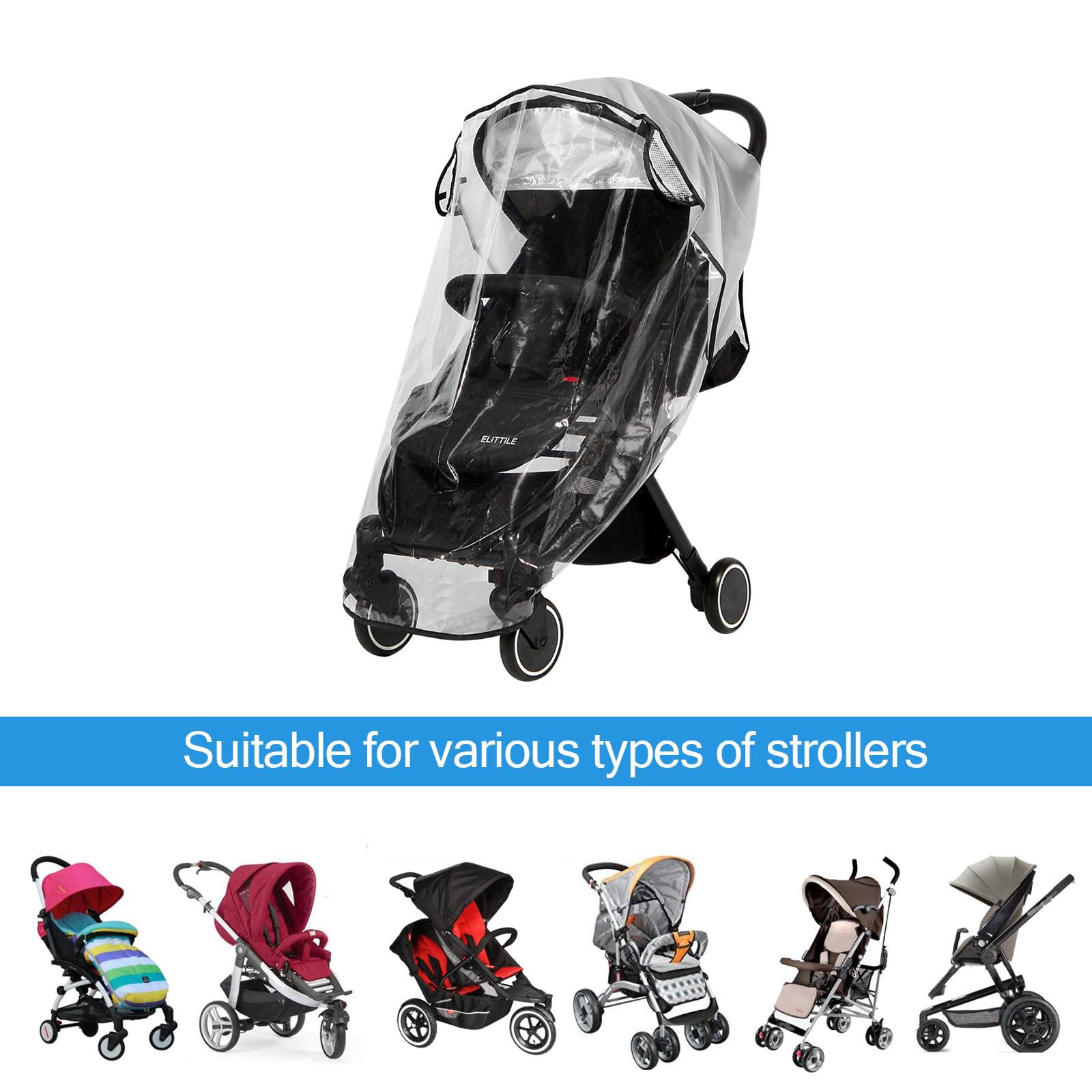 Clear Stroller Rain Cover, Universal Travel Weather Shield Breathable Baby Stroller Rain Cover for Windproof, Waterproof, Protect from Sun Dust Snow