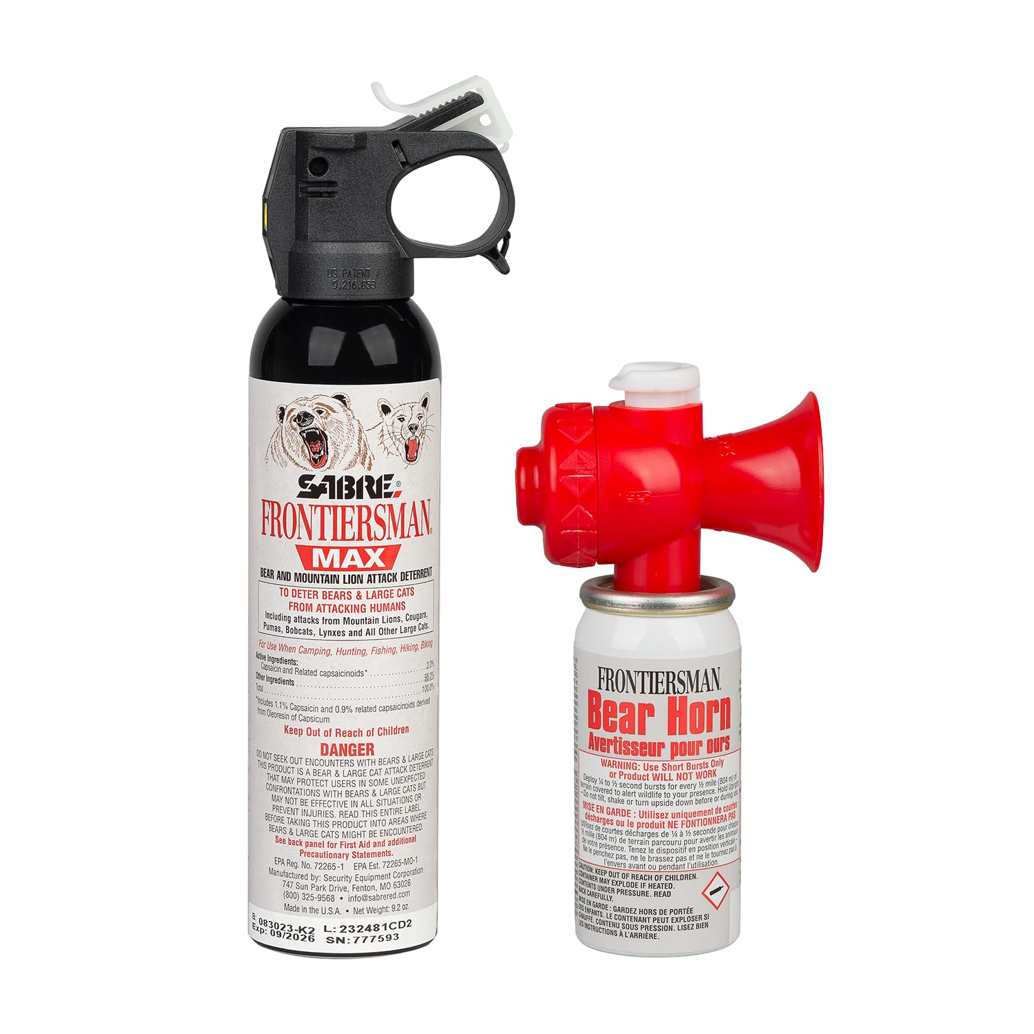 SABRE Frontiersman MAX 9.2 oz. Bear & Mountain Lion Attack Deterrent, Up to 40 ft Range, Contains 2% Major Capsaicinoids + Frontiersman Bear Horn (FBH-LT-AMZ) Kit, Glow-in-The-Dark Safety