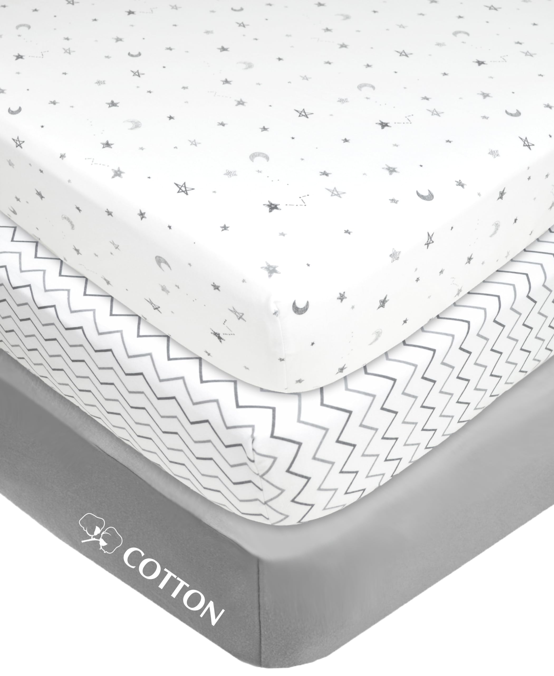 American Baby Company 3er-Pack Spannbetttücher für Babywiegen aus 100 % natürlicher Baumwolle, 96,5 x 61 cm – weiche und atmungsaktive tragbare kleine Bettlaken, passend für Reisebetten, Grau Stern/Zickzack, für Jungen und Mädchen