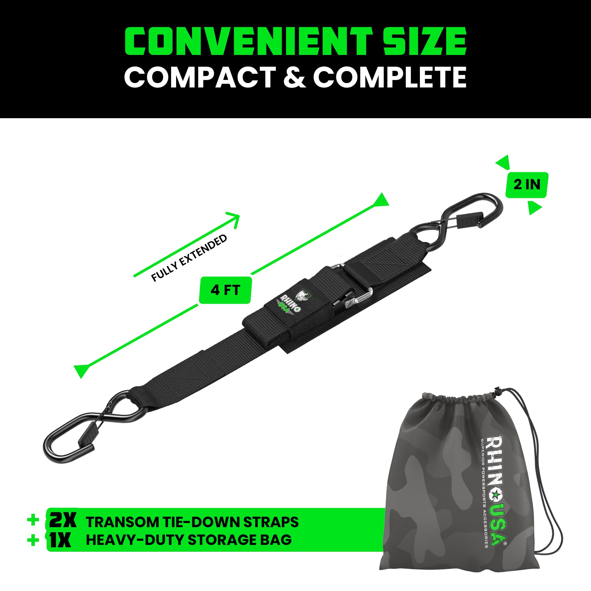 Rhino USA Boat Trailer Straps (2-Pack) - Heavy Duty 2 Inch x 48 Inch Boat Tie Down Straps to Trailer - Ultimate Adjustable Transom Tie Down Straps for Trailering Safety with Boat, Jet Ski, & More!