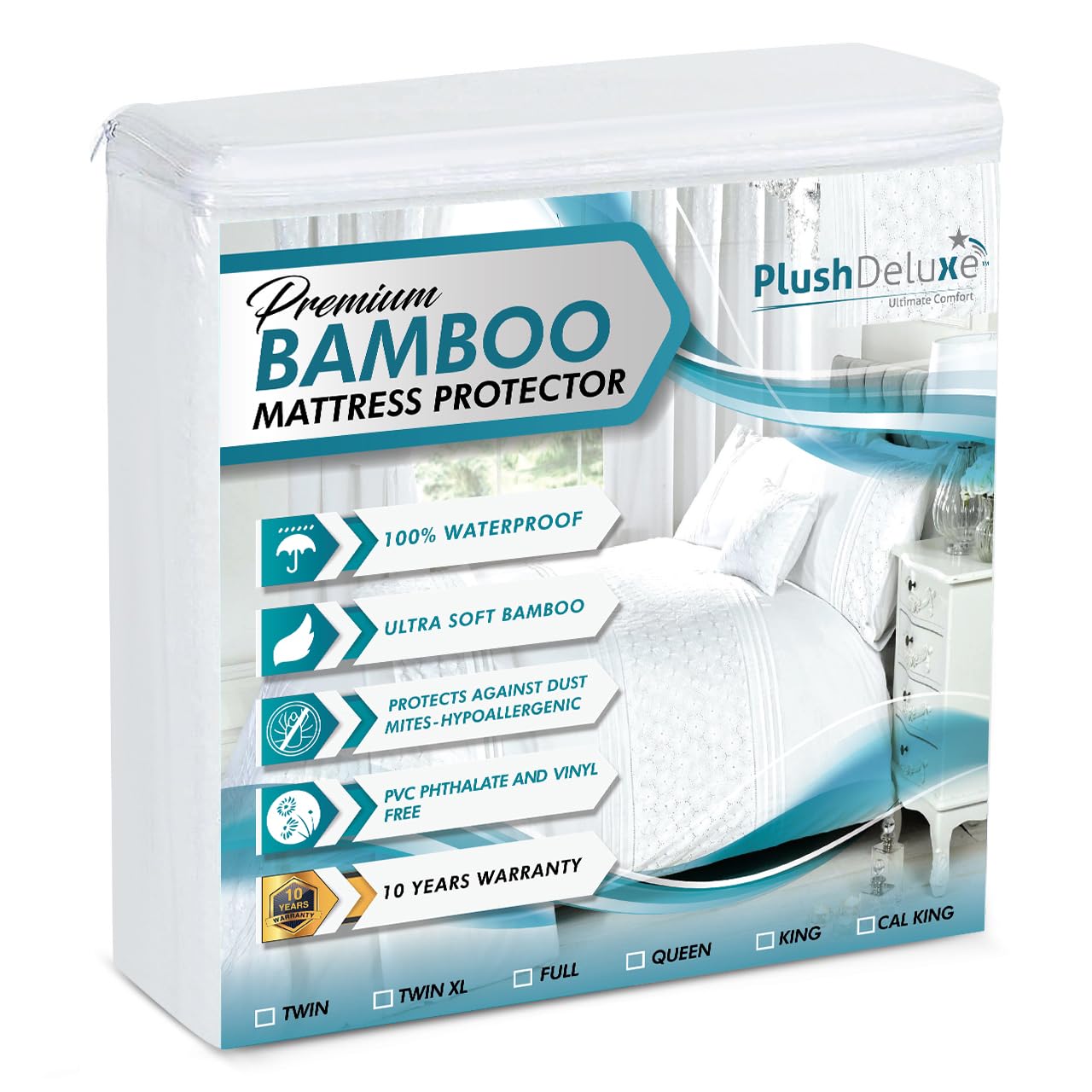PlushDeluxe Premium Bamboo Mattress Protector - King Size, Waterproof, & Ultra Soft Breathable Noiseless Washable Bed Mattress Cover for Comfort & Protection - White