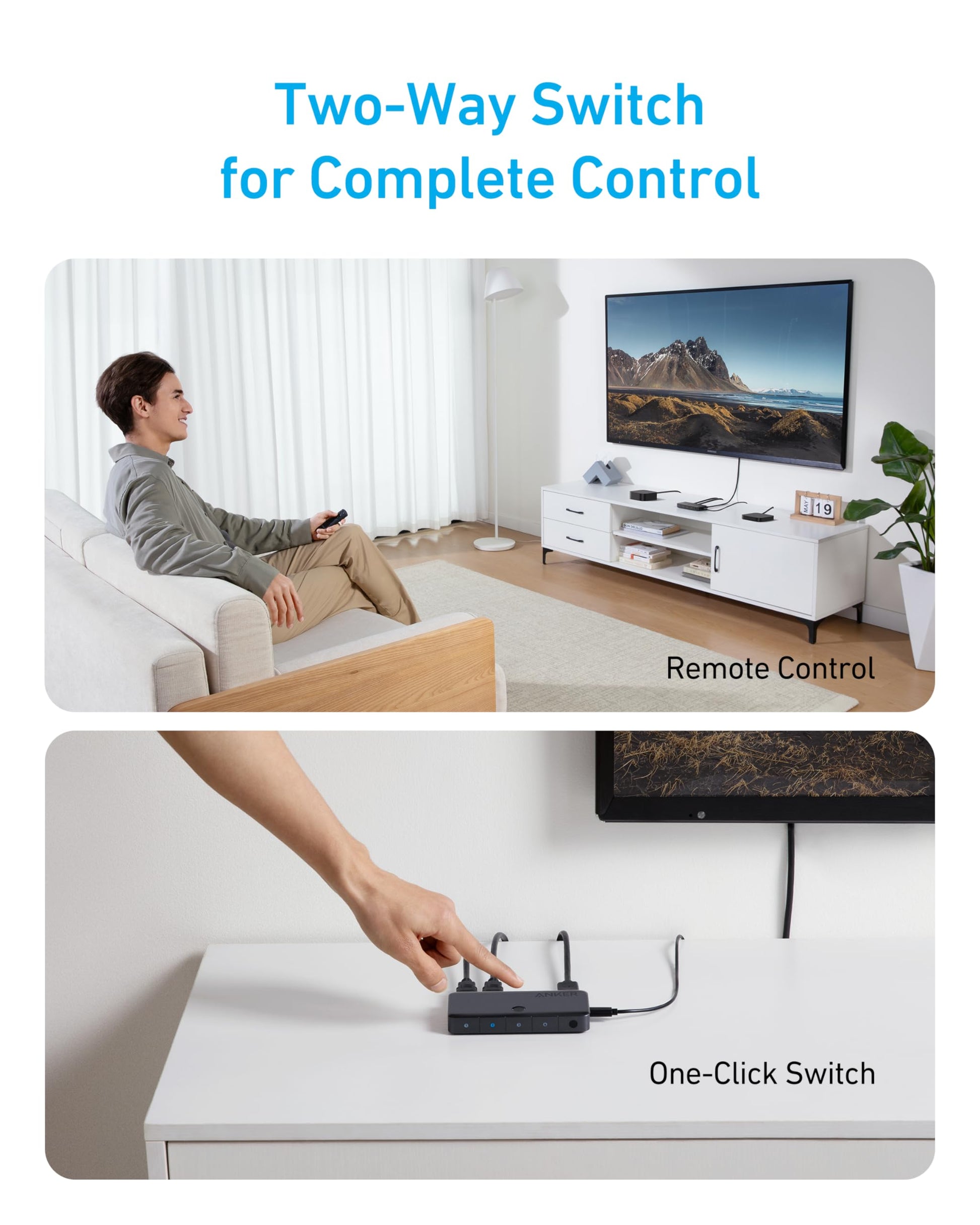 Anker HDMI Switch, 4K@60Hz HDMI Switcher, 4 in 1 Out with Smooth Finish, Supports HDR, 3D, Dolby, DTS, Compatible with Laptops, PC, Xbox, Projector (Charger and Remote Control Batteries Not Included)