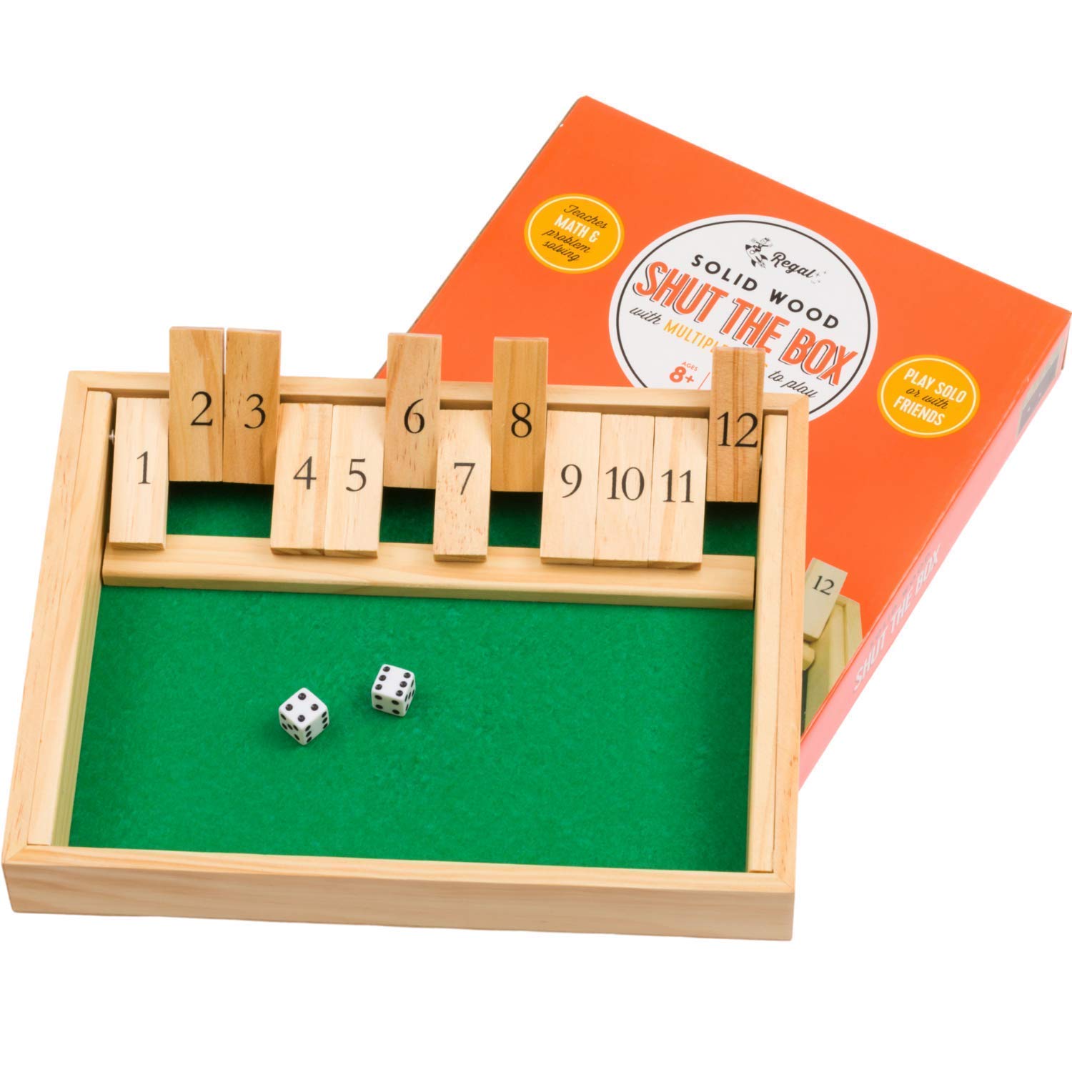 Regal Games Shut The Box - لعبة رياضيات ممتعة على الطاولة مع لوح خشبي للكبار والأطفال - لعبة النرد 12 خانة مع ألعاب لأكثر من لاعبين - مثالية لليلة الألعاب والسفر - (أعمار 8+)