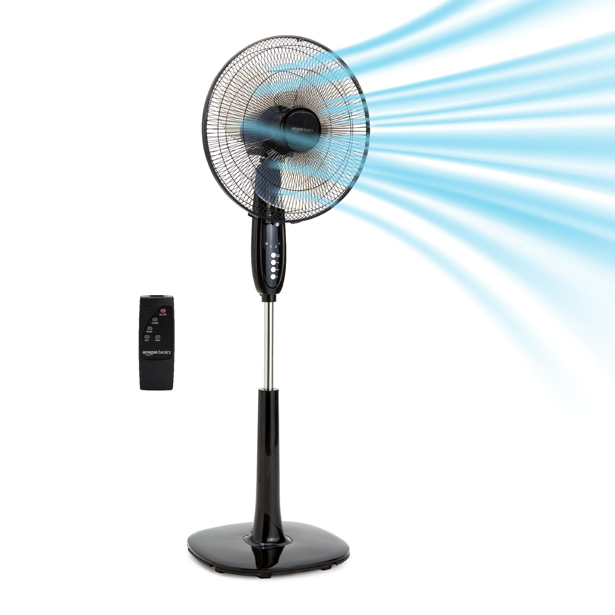Basics 16" Pedestal Fan with Remote, Floor Fan, Standing Fan for Bedroom, Living Room, Office, with 3 Speeds, 3 Modes, Timer, Dual-Layered Blades, Adjustable Height, Tilt Head, 60W, Black