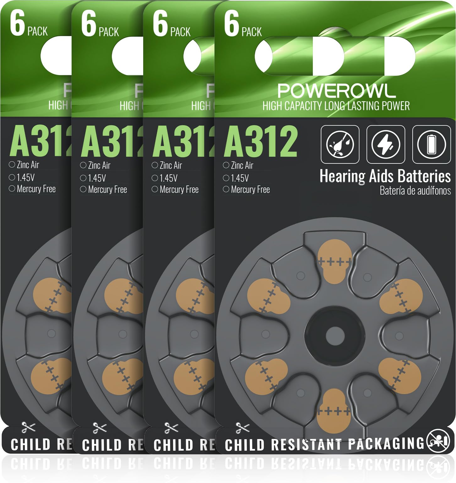 POWEROWL Hearing Aid Batteries Size 312, High Capacity Cell, Long Lasting 312A Battery, 24 Count