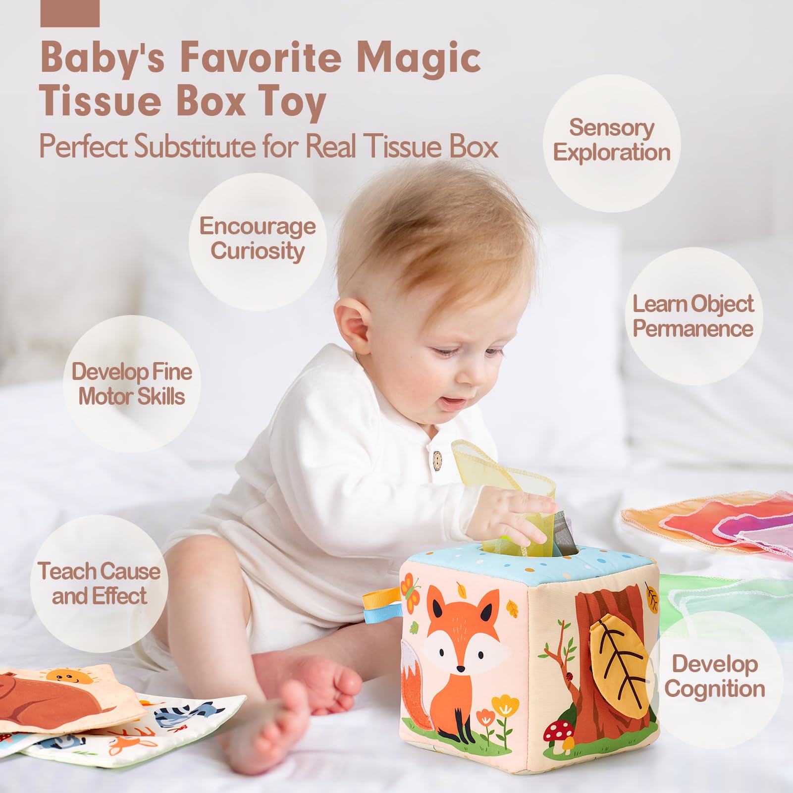 hahaland Baby Tissue Box Toy - Baby Toys 6-12 Months Stocking Stuffers for Babies Montessori Toys for 6 Month Old Must Haves - Boy Girl Shower Gifts 6 9 12 18 Months Old Sensory Pulling Play Scarf Toy