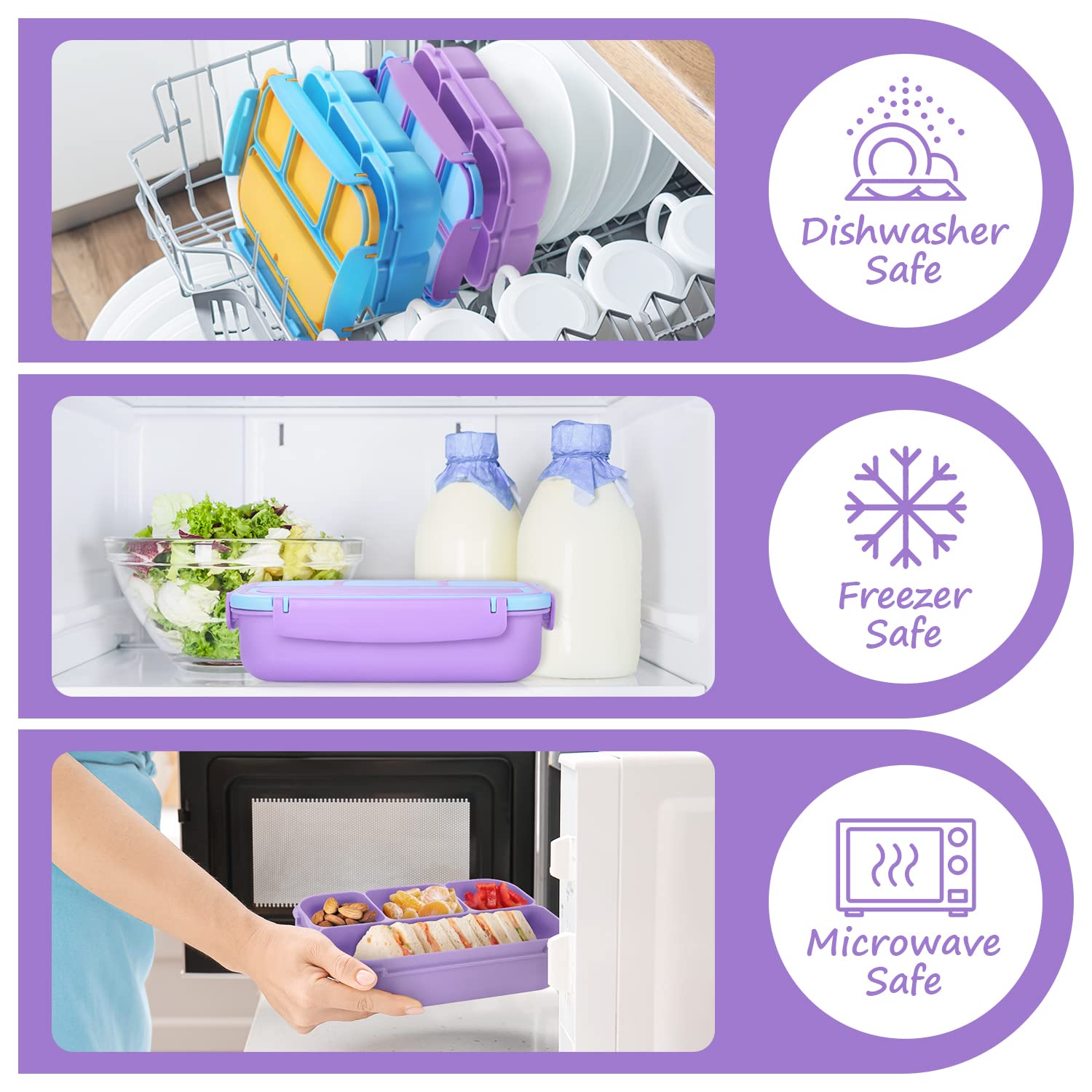QQKO Bento Lunch Box for Kids Girls Boys, Toddler Kids Lunch Boxes for School, Lunch Containers for Adults with 4 Compartments, Sauce Container, Utensils, Food Picks and Muffin Cups, Purple