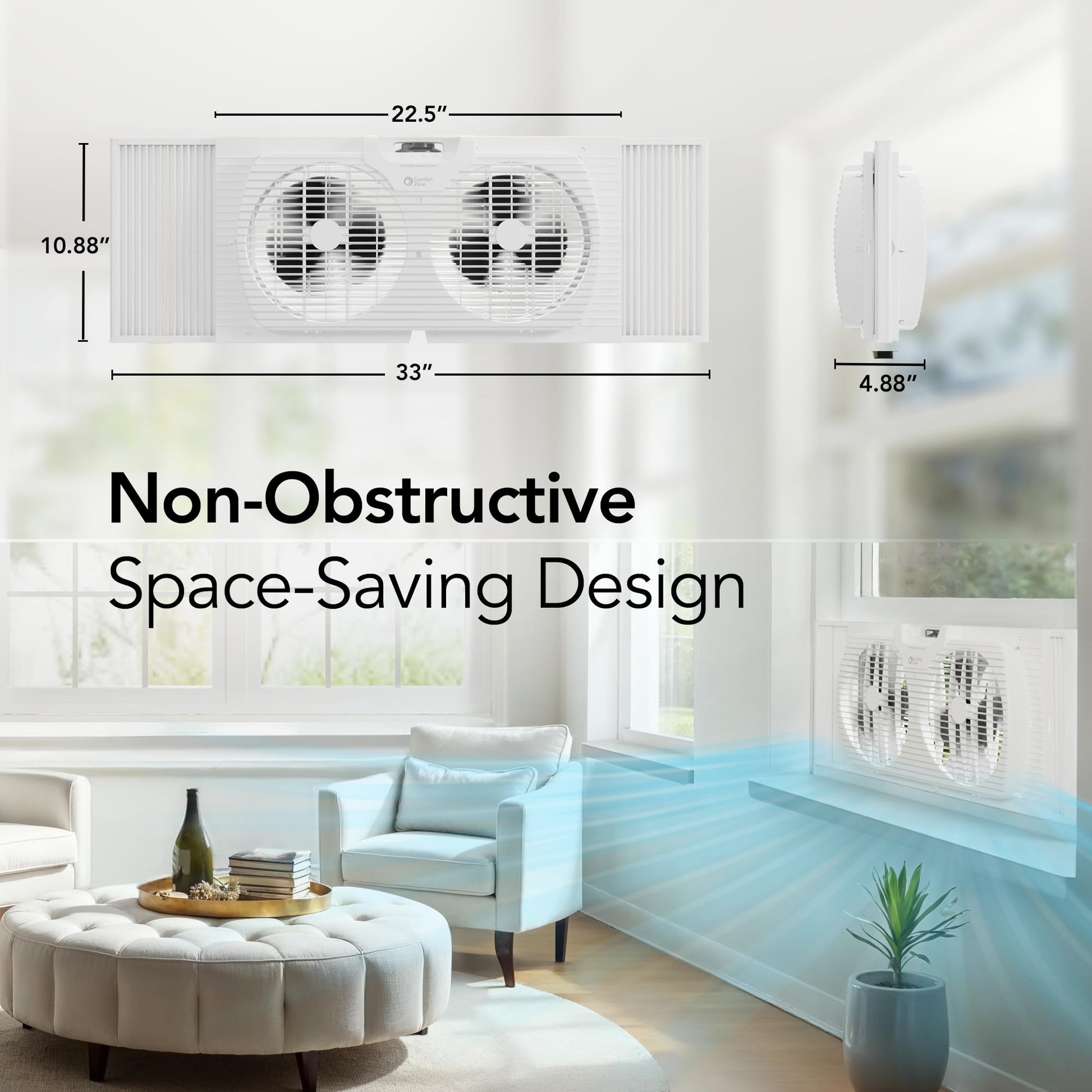 Comfort Zone Window Fan for Bedroom, 9 inch 3 Speed Dual Fans with Auto-Locking Expanders, Window Exhaust Fan, Removeable Bug Screen, White