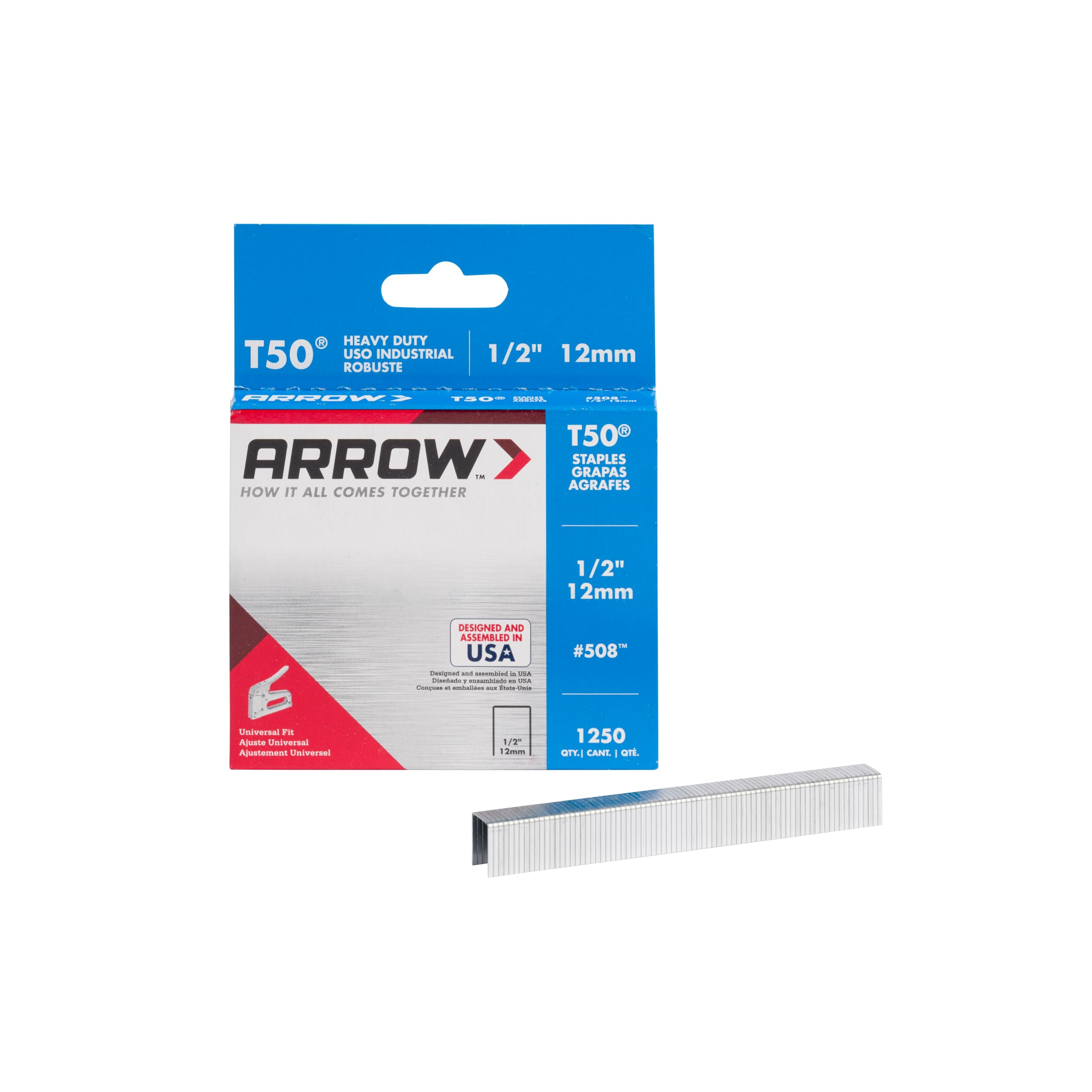 مسامير دباسة آرو 508 شديدة التحمل T50 بطول 1/2 بوصة، وعرض 3/8 بوصة، للتنجيد، والبناء، والأثاث، والحرف اليدوية، 1250 قطعة (عبوة من 1)