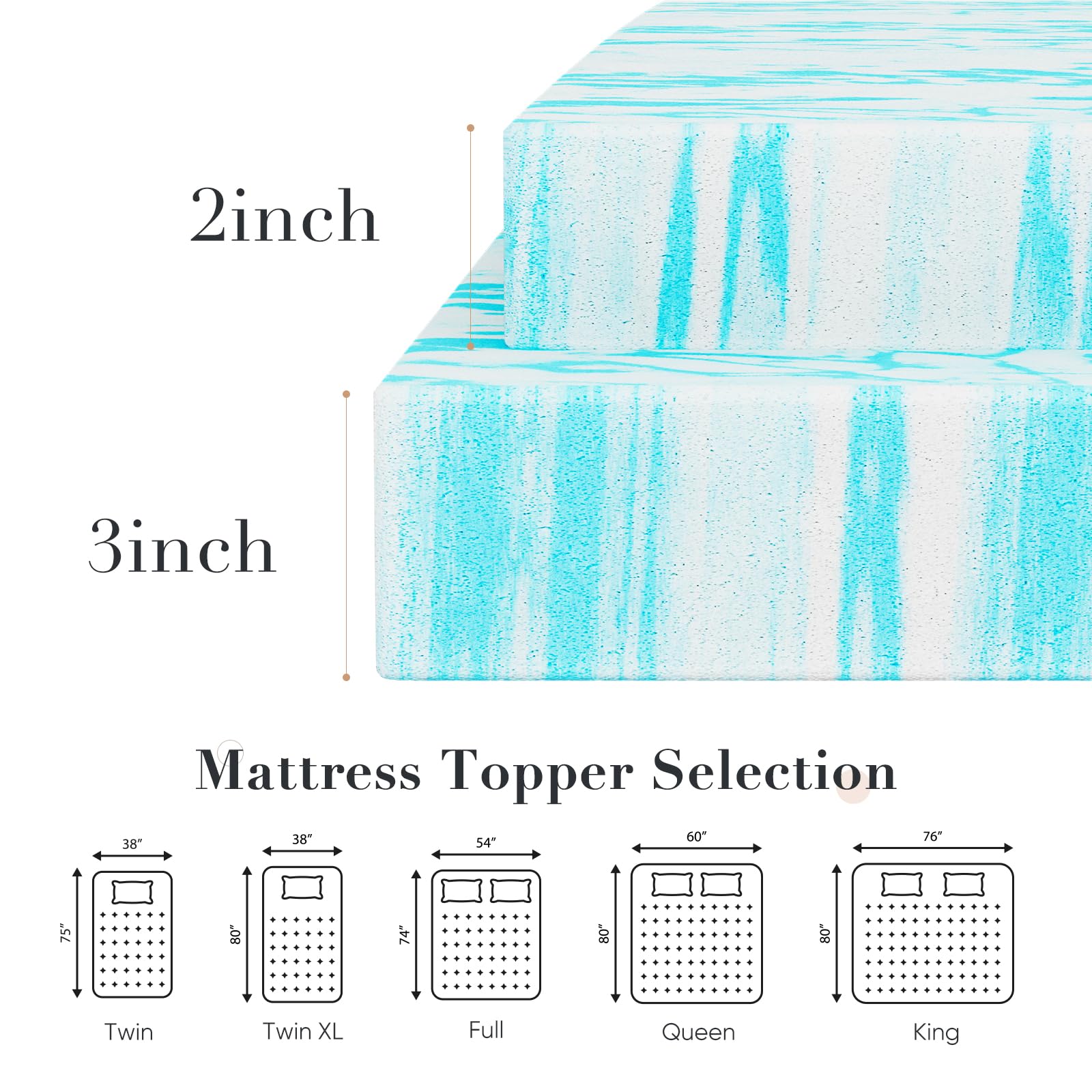 Memory Foam Mattress Topper Queen, 2 Inch Thick Gel Infused Bed Toppers for Queen Size Bed, Soft Mattress Pads for Sleeper Sofa, RV, Camper, CertiPUR-US Certified, Blue