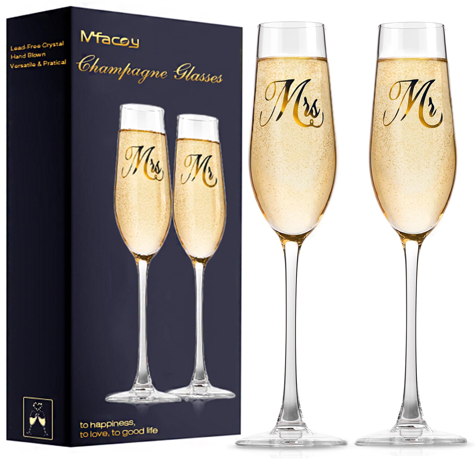 Mfacoy Mr. & Mrs. Champagne Flute Set, Wedding Decor - His and Hers, Wedding Toasting Glasses for Engagement Celebrations, Bridal Shower and Registry Idea, Tall Wine Glasses for Bride and Groom Gifts