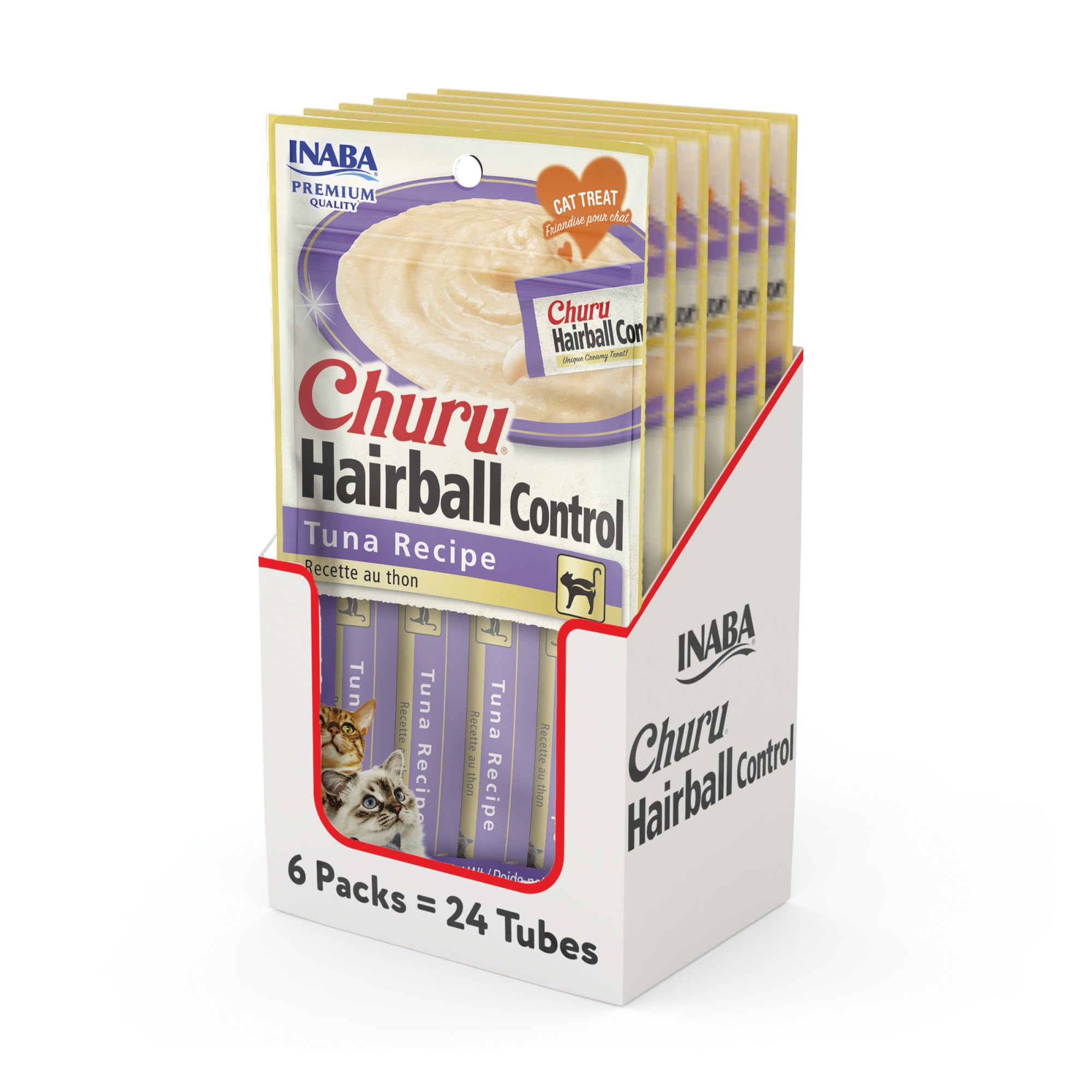 INABA Churu Hairball Control, Functional, Creamy Lickable Puree Cat Treat with Taurine & Vitamin E, 0.5 Ounces Each, 24 Tubes (4 per Pack), Tuna Recipe