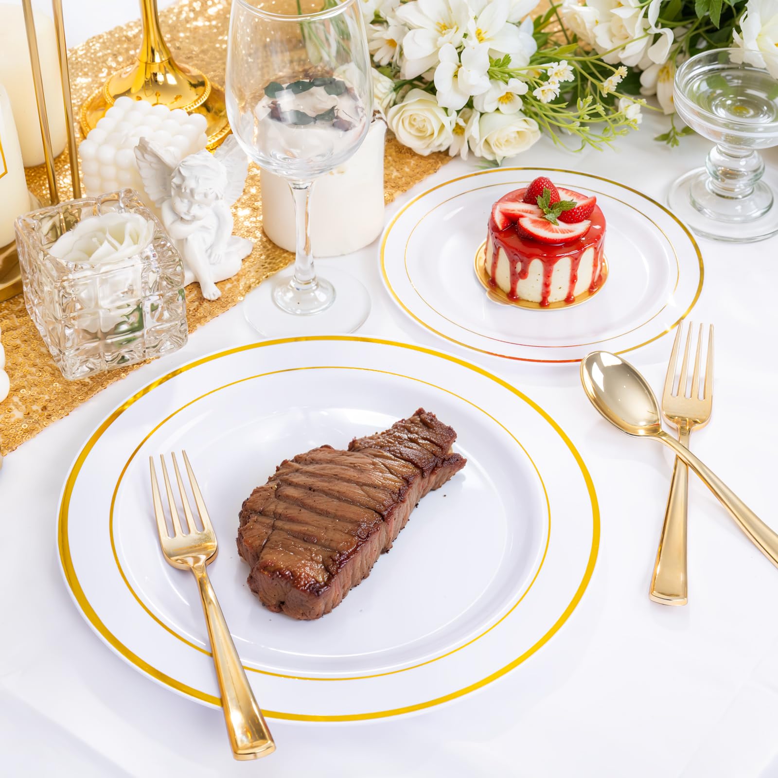 WDF300 Pieces Gold Plastic Silverware - Heavy Duty Disposable Cutlery Set Plastic Gold Silverware Set Includes 100 Forks, 100 Spoons, 100 Knives for Party