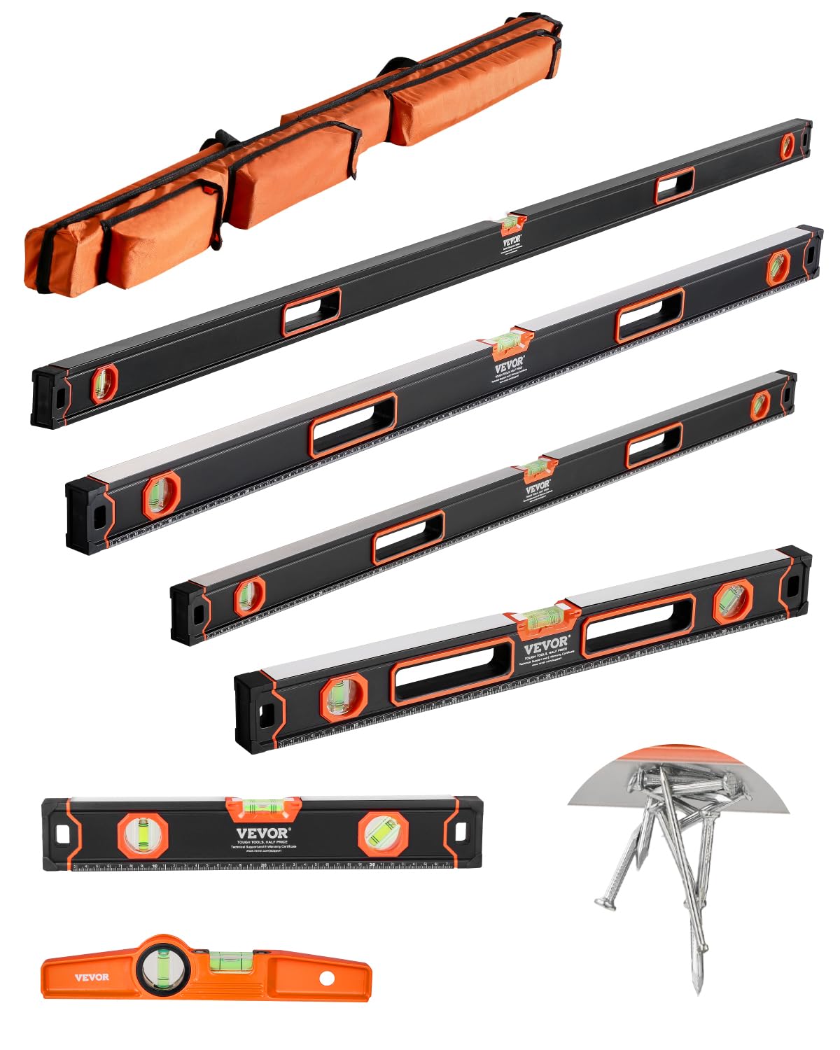 VEVOR 6-Piece Torpedo Level, 78/48/32/24/16/10 Inch All Magnetic Levels Set, Bubble Vials Ruler for 45/90/180 Degree, Aluminum Alloy Magnetic Box Leveler Tool, Shock-Resistance, SAE and Metric Scale