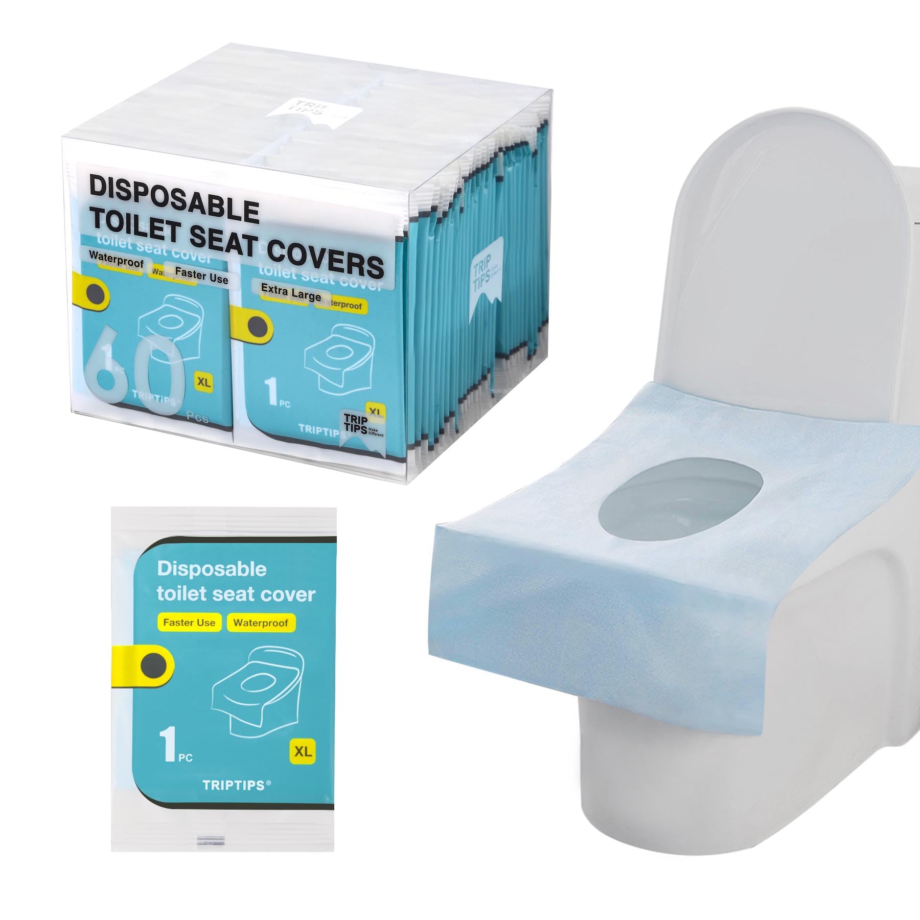 TRIPTIPS Toilet Seat Covers Disposable Travel Pack 60 countFaster use-Sticker freeWaterproofXL Disposable Toilet Seat Cover for Adults and Kids, Individually for Public Restroom/Airplane (60pcs)