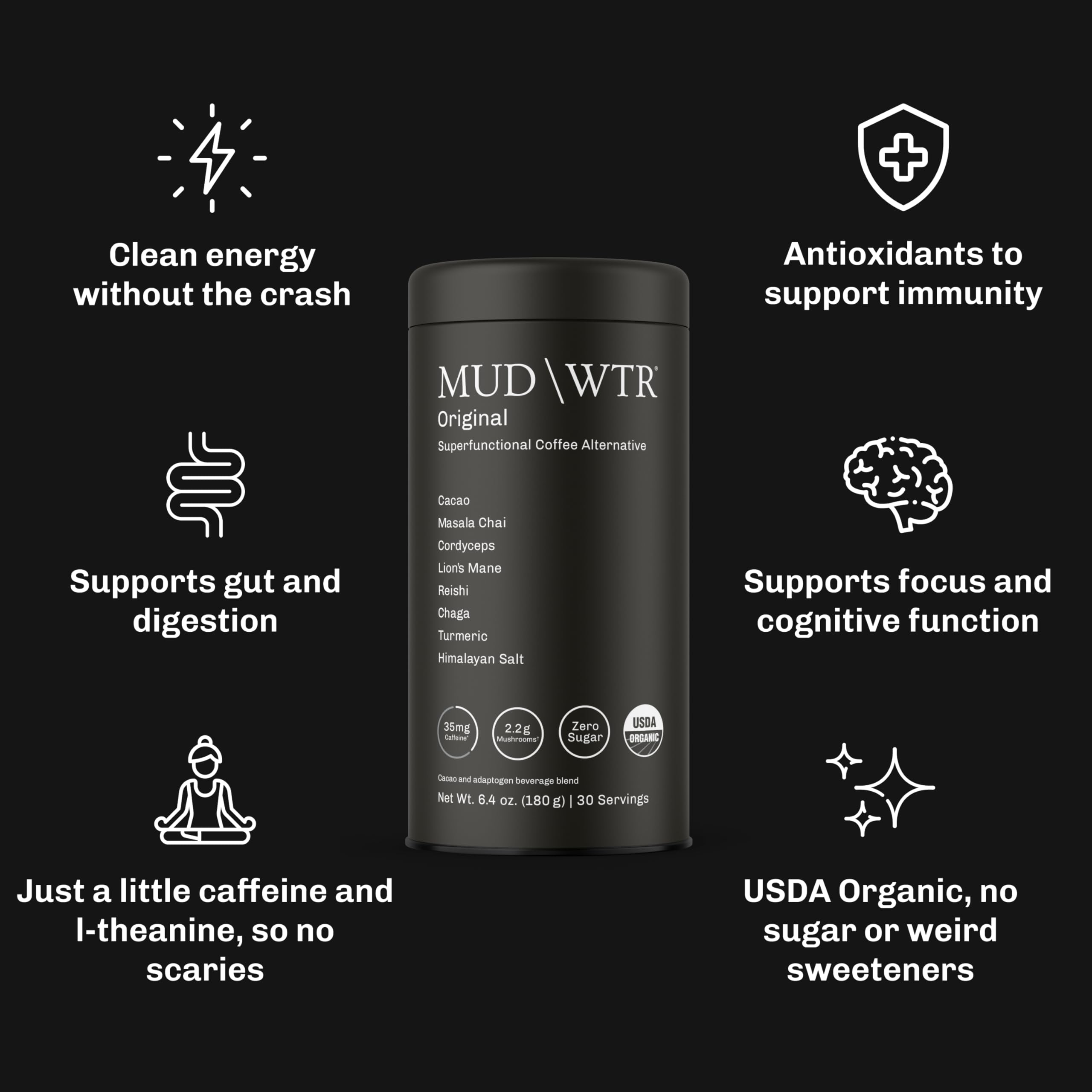 MUDWTR Original Mushroom Coffee Alternative | 2,240mg USA Grown & Adaptogenic Mushrooms | USDA Organic | Lion's Mane, Cordyceps, Chaga & Reishi | Energy, Focus & Immunity Support | 30 Servings