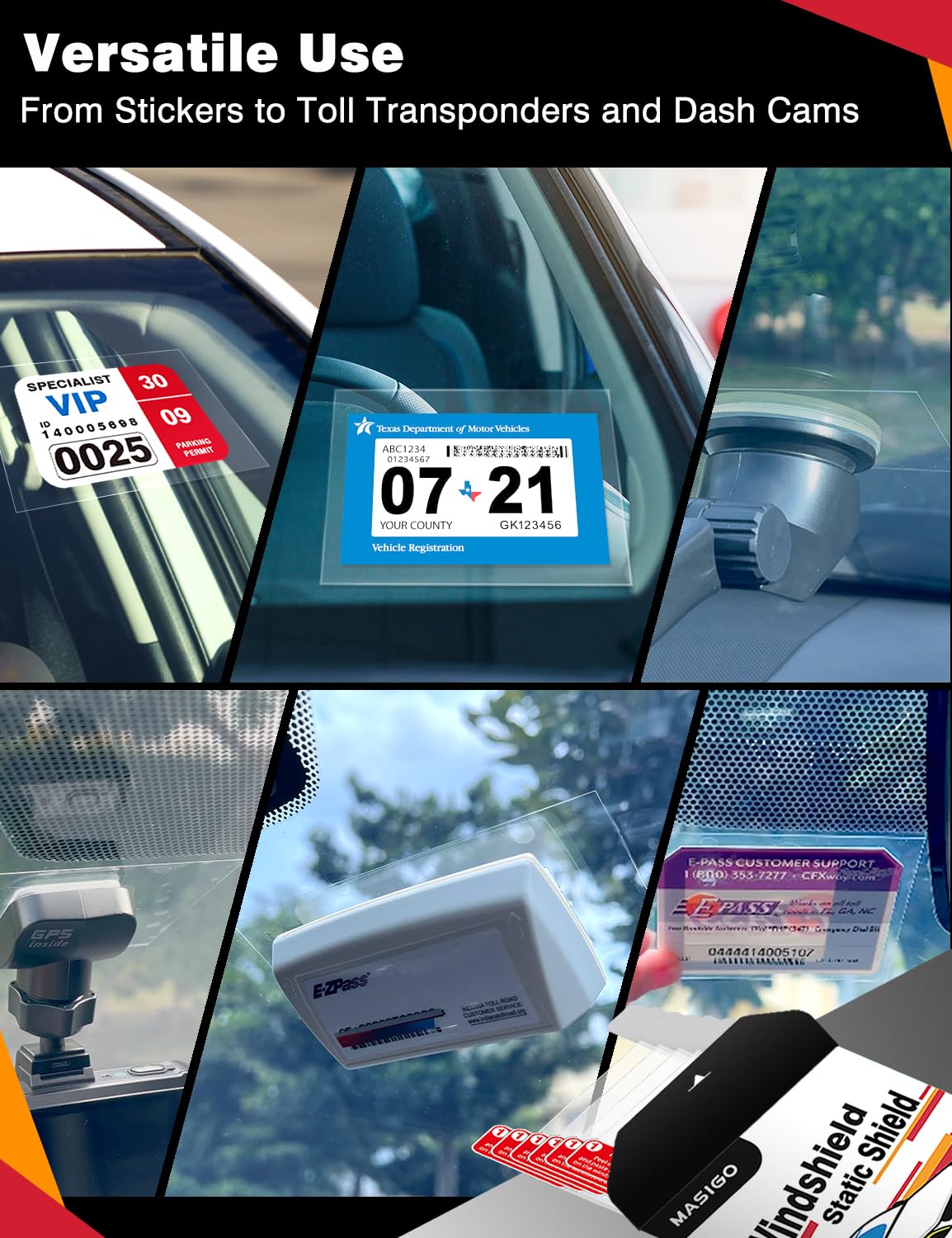 MASIGO Windshield Sticker Applicator – 6 Pack, 4 x 6 Inch Heat-Resistant PET Film with Static Cling for Easy Car Decal Application, Removal, and Re-Application