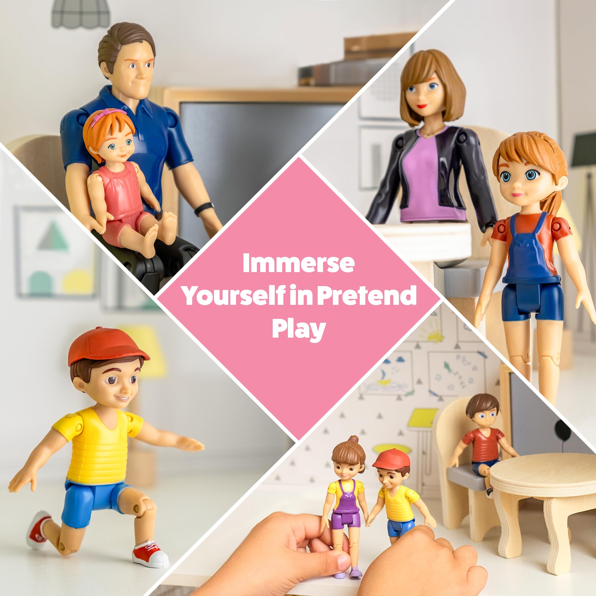 Dollhouse People, Bendable Dollhouse Family Set – 9 Poseable Figures Including Grandpa, Grandma, Mom, Dad, Sister, Brother, Cousins, and a Baby Girl – Perfect for Dollhouse Play and Imaginative Fun
