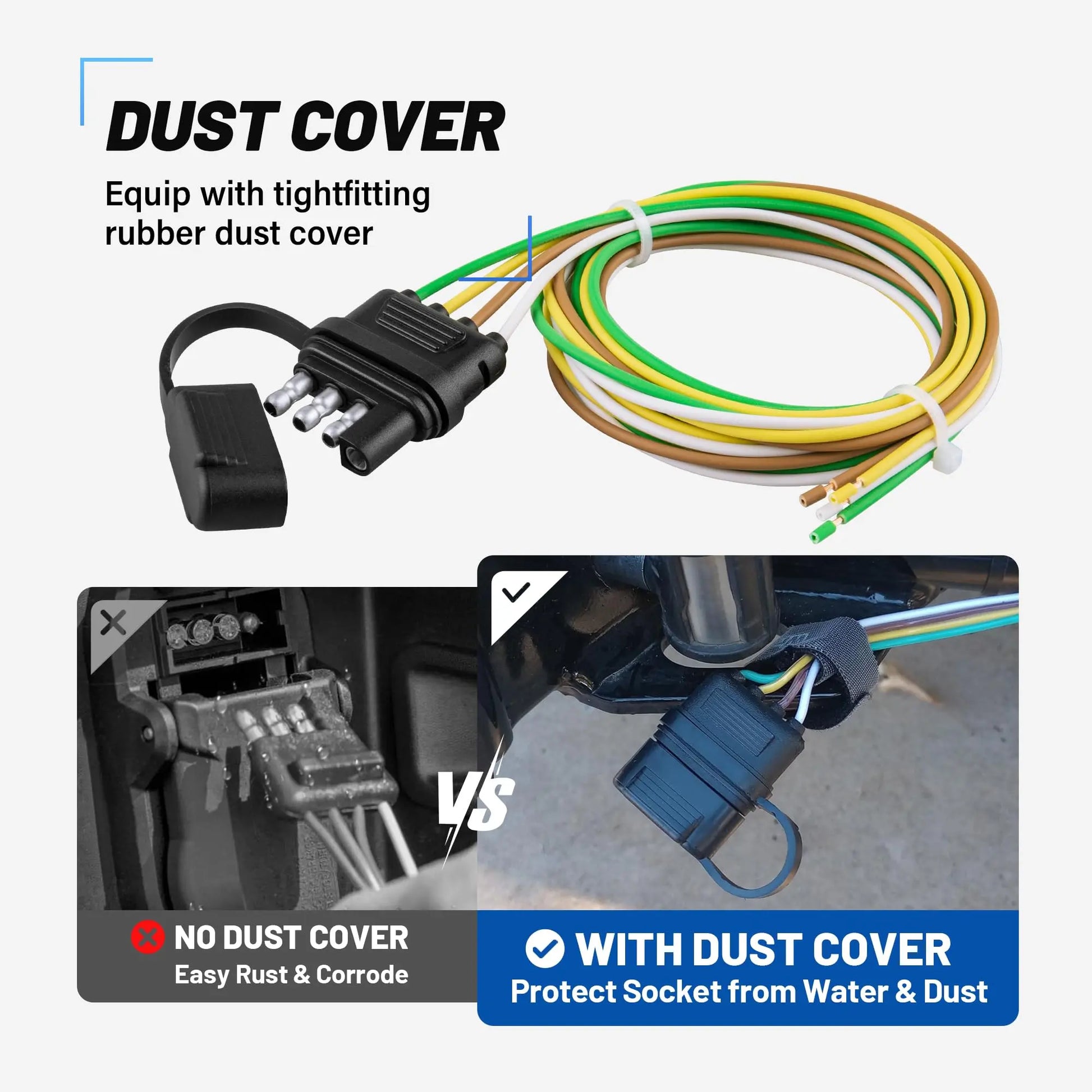 MECMO 4-Way Flat Trailer End Connector 25 Inch, 16AWG 4 Prong Trailer Wiring Harness Plug with Dust Cover, Trailer-Side 4-Pin Trailer Light Plug Male End Replacement Connector for Trailer Hitch Wire