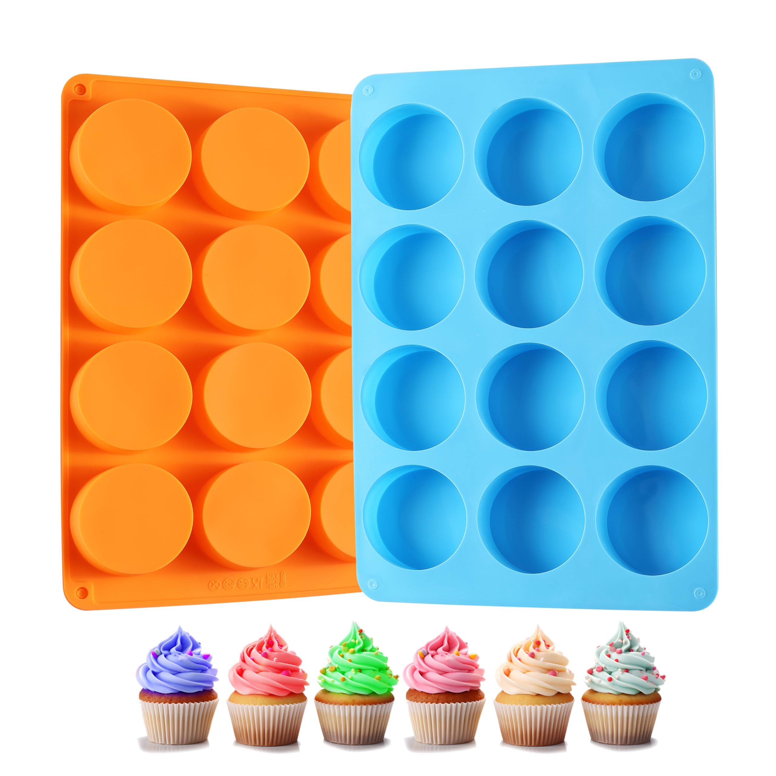2PCS Silicone Oreo Molds, LCCOWOT 12 Cavity Cookie Chocolate Round Silicone Mold, Baking Mold for Chocolate, Oreo, Cookie, Cany, Mini Cake, Dishwasher Safe (Orange+Blue)