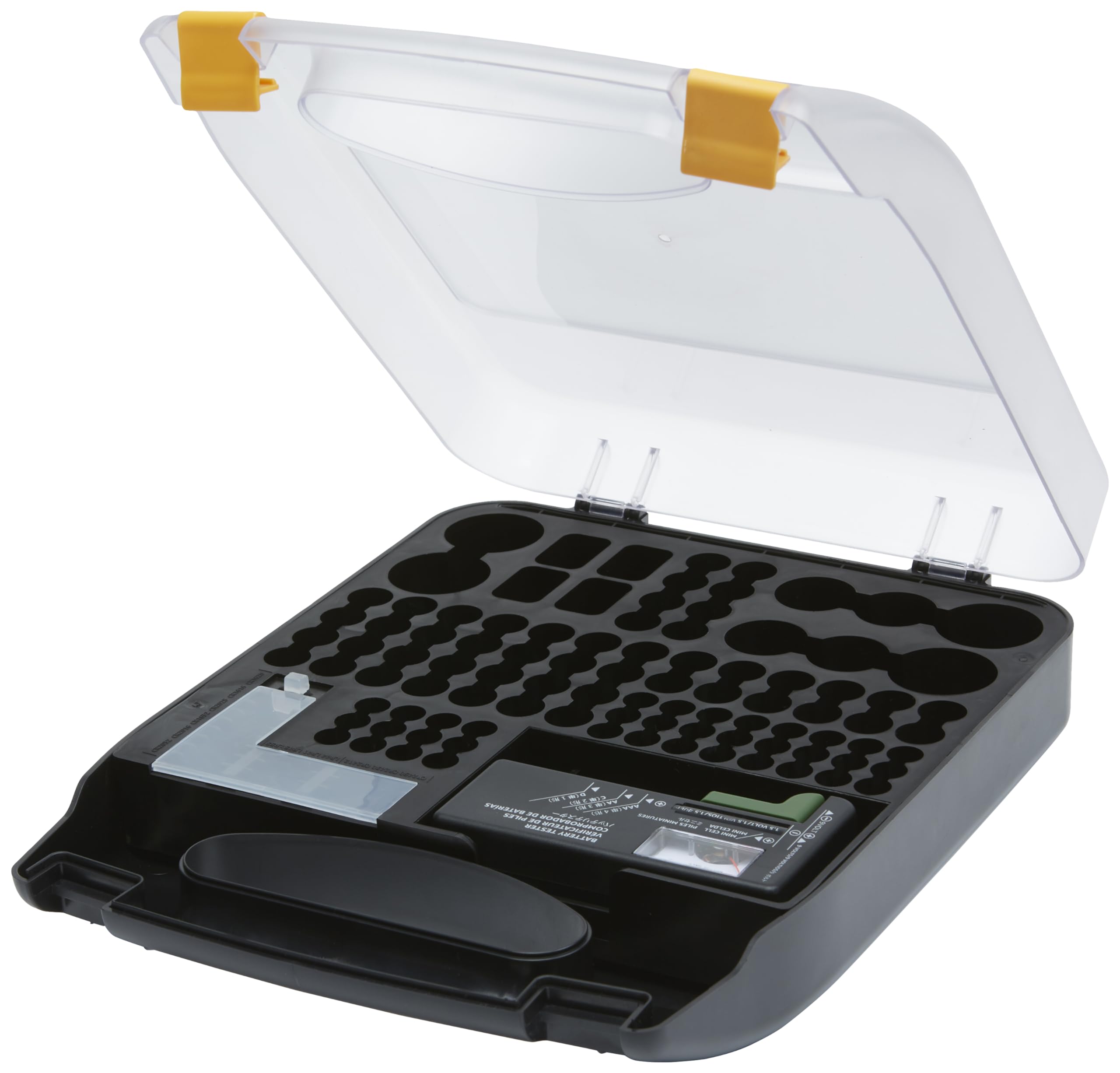 Basics Battery Organizer with Tester, Wall-Mounted Design, Handle Holds 110 Batteries, Clear/Black