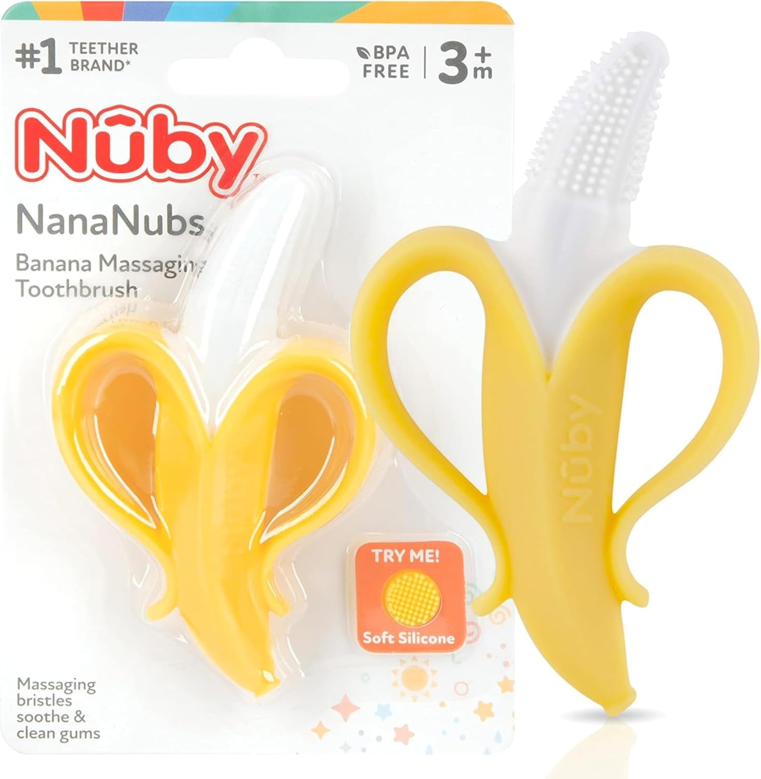Nuby Nananubs Banana Massaging Teether - Baby Teething Toys 3 Months and Up, Silicone Teether for Sore Gums, Infant Toy, Baby Essentials, Brush, Travel Accessory, Gift for Babies