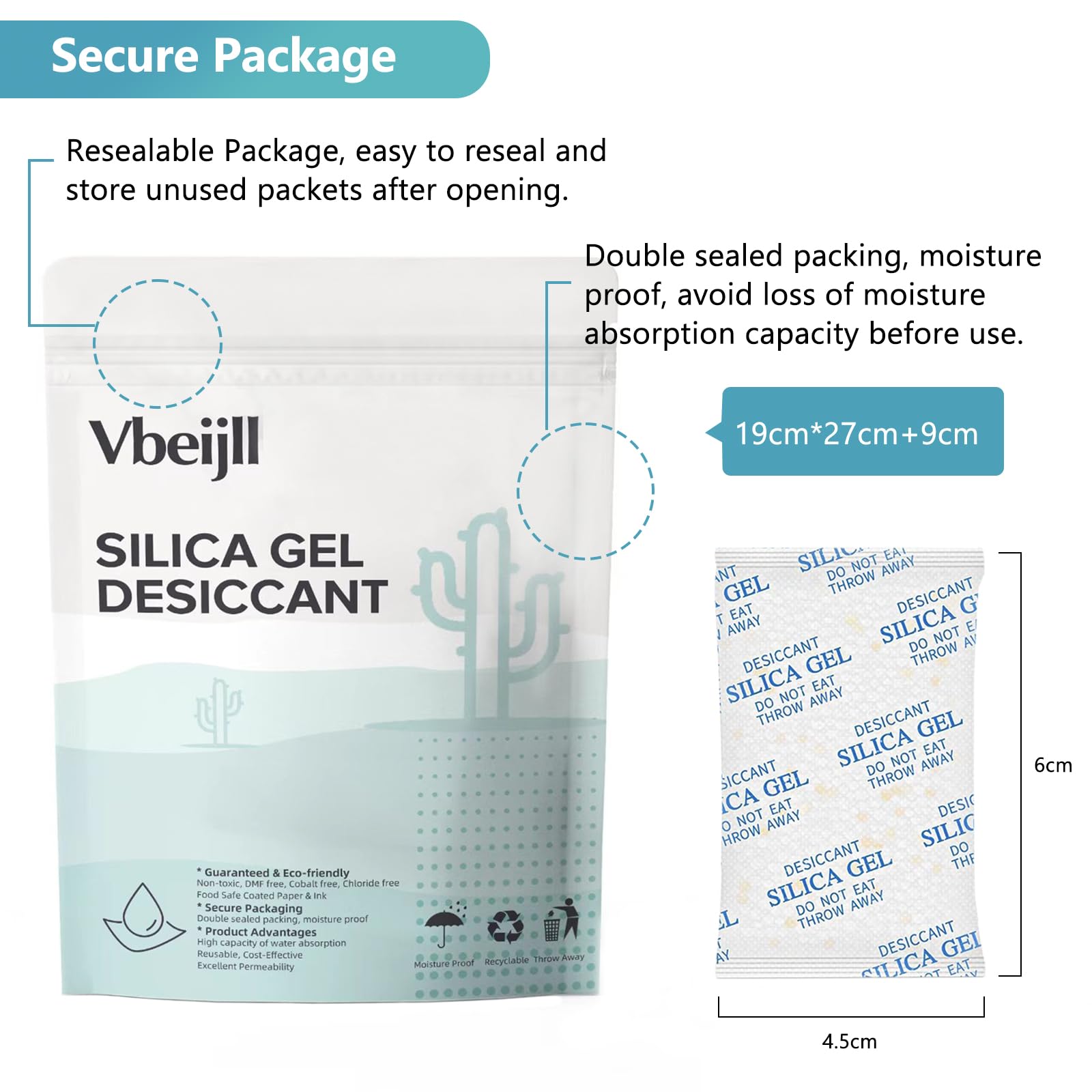 Vbeijll 5 Gram (50 Pack) Color-Indicating Silica Gel Packets, Premium Food Grade Desiccant - Rechargeable Moisture Absorbers for Food Storage, Electronics, 3D Filament & Safes