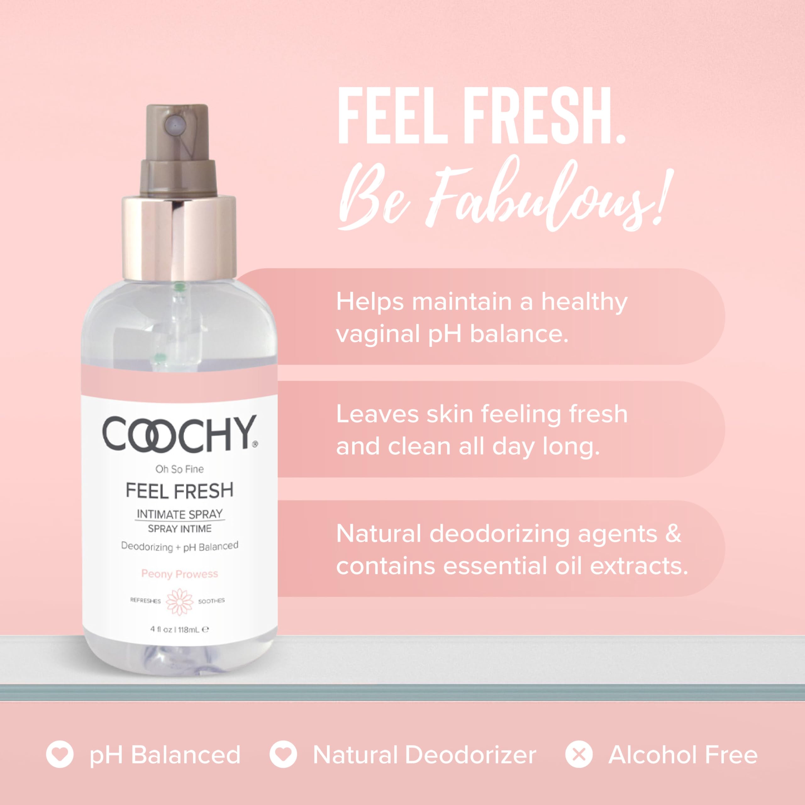 Coochy Intimate Feminine Spray for All Day Fresh Scent & Odor Protection | Made from Natural Deodorizing & Essential Oils | Maintains Vaginal pH Balance, No Gluten, No Paraben (4floz/118mL)