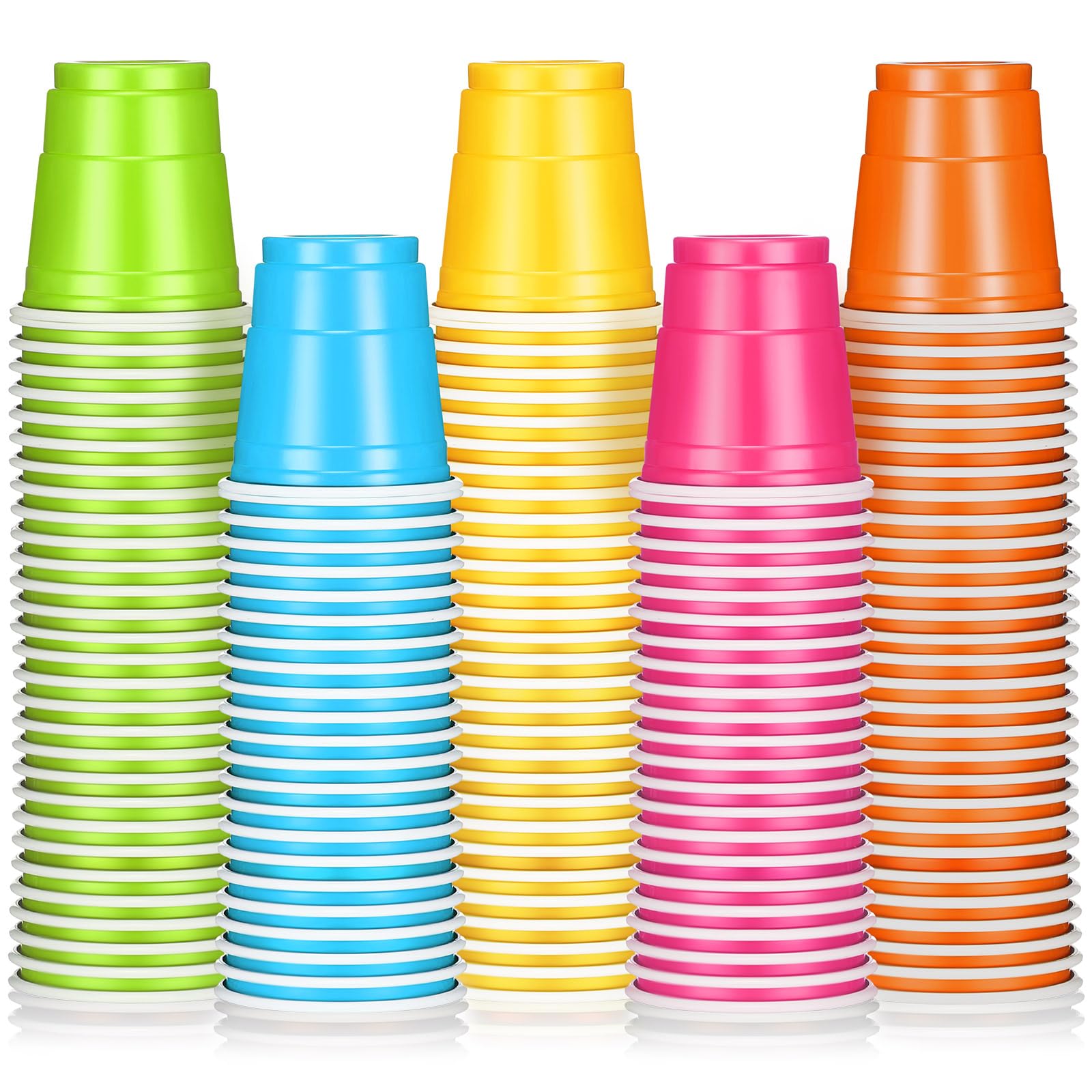 Roshtia 100 Pack 2 oz Plastic Shot Cups, Mini Disposable Shot Glasses 2 oz Party Cups for Wedding Halloween Thanksgiving Party, Beer Taste Serving, Snacks(Multi Colors)