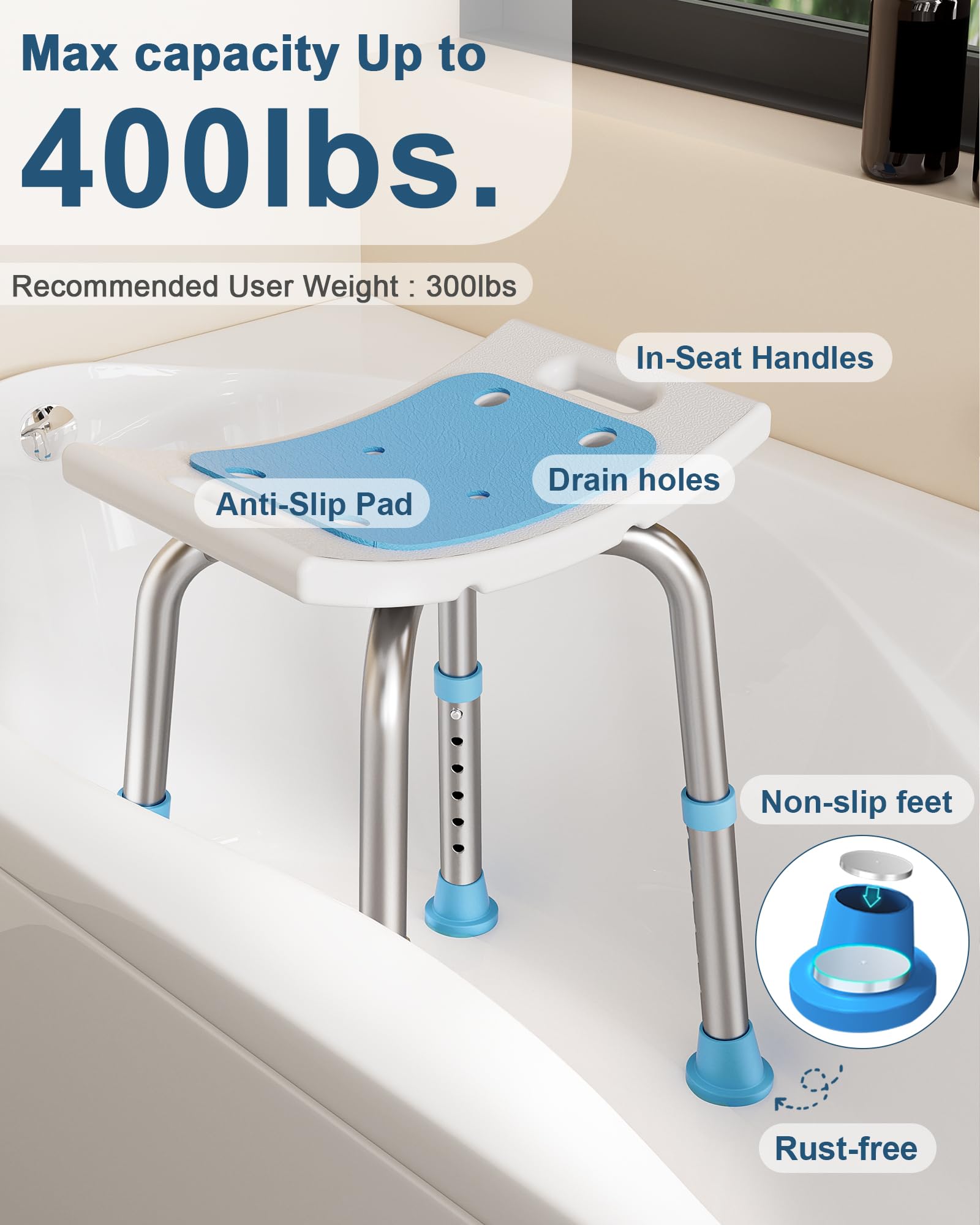 HOMLAND Shower Chair for Inside Shower, 400 lbs Adjustable Shower Stool with Suction Feet, Shower Seat for Inside Tub Bathroom Bench Bath Chair for Elderly and Disabled