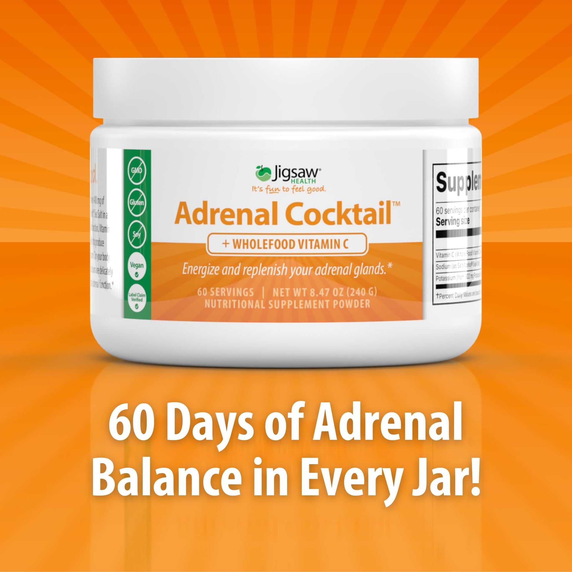 Jigsaw Health Adrenal Cocktail + Wholefood Vitamin C | with Potassium Bicarbonate, Sea Salt, and Acerola Cherry Extract | 60 Servings (Jar)