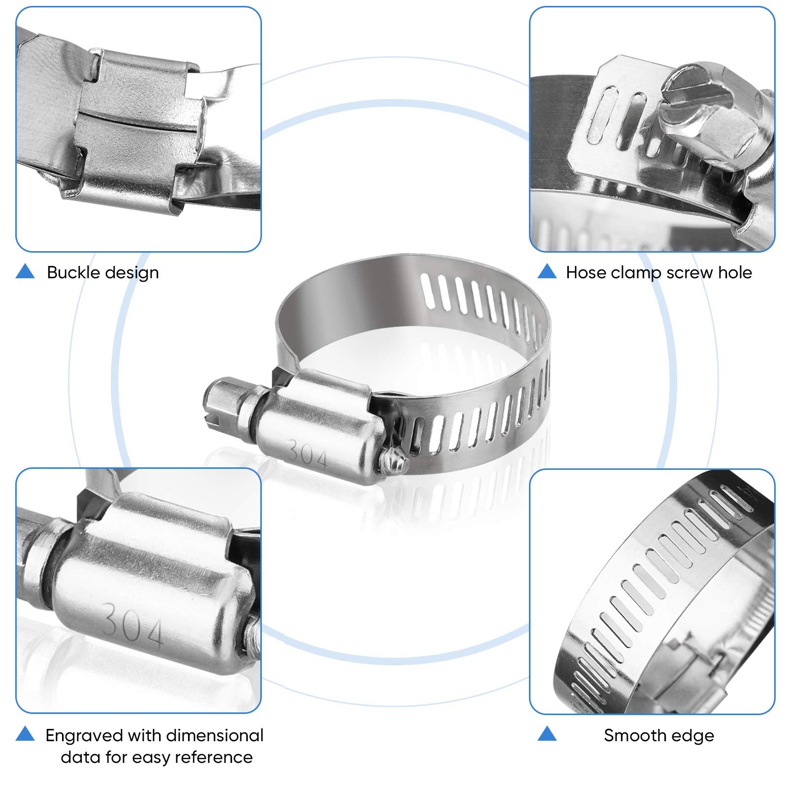 TICONN 40PCS Hose Clamp Set - 1/4''–1-1/8'' 304 Stainless Steel Worm Gear Hose Clamps for Pipe, Intercooler, Plumbing, Tube and Fuel Line