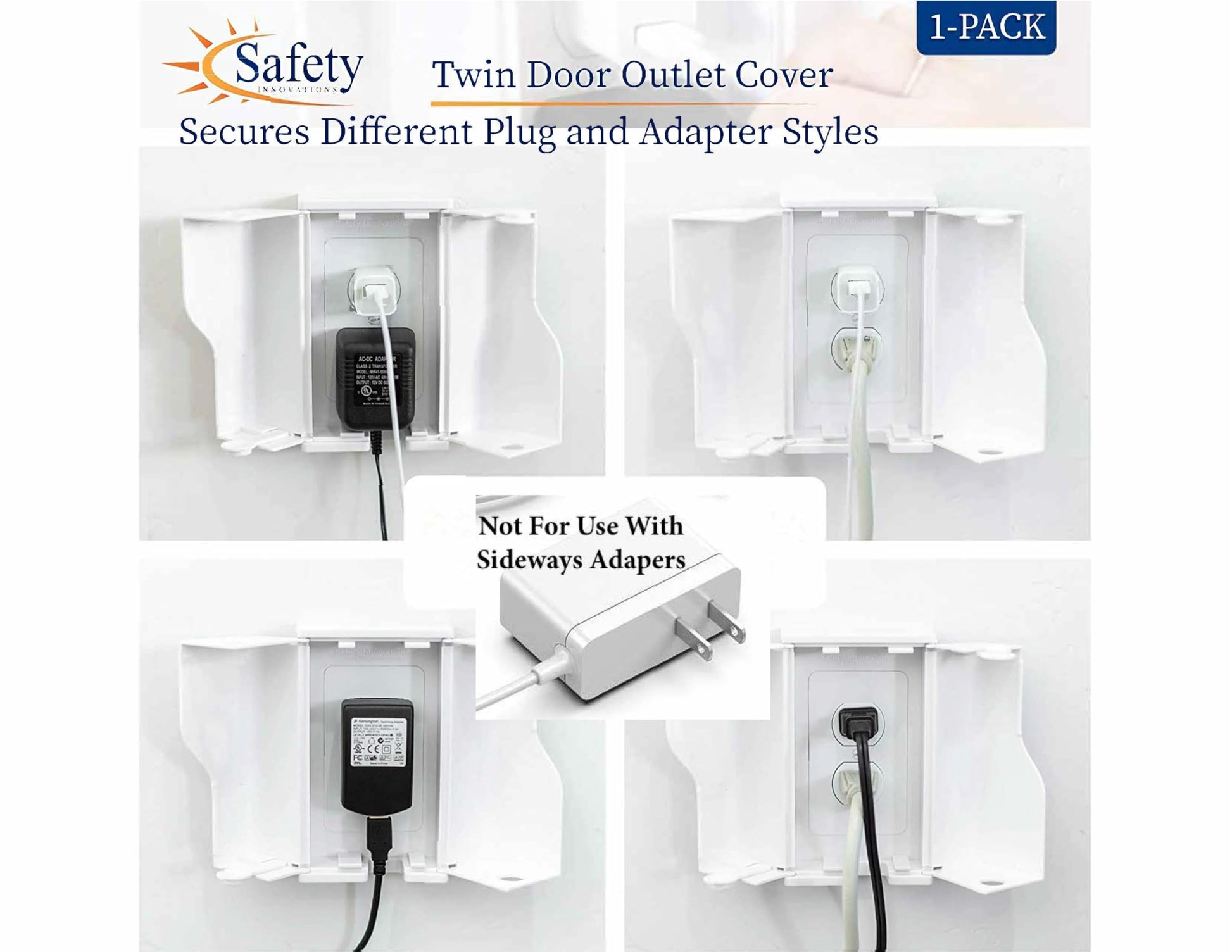 Safety Innovations Twin Door Baby Safety Outlet Cover Box for Babyproofing Outlets - More Interior Space for Extra Large Electrical Plugs and Adapters - Easy to Install - Easy to Use, (1-Pack)