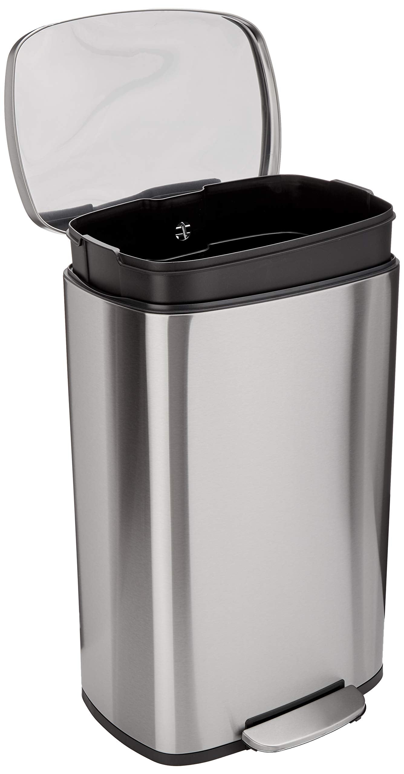 Basics Smudge Resistant Rectangular Trash Can With Soft-Close Foot Pedal, Brushed Stainless Steel, 50 Liter/13.2 Gallon, Satin Nickel Finish, 16.7"L x 14.7"W x 25.9"H