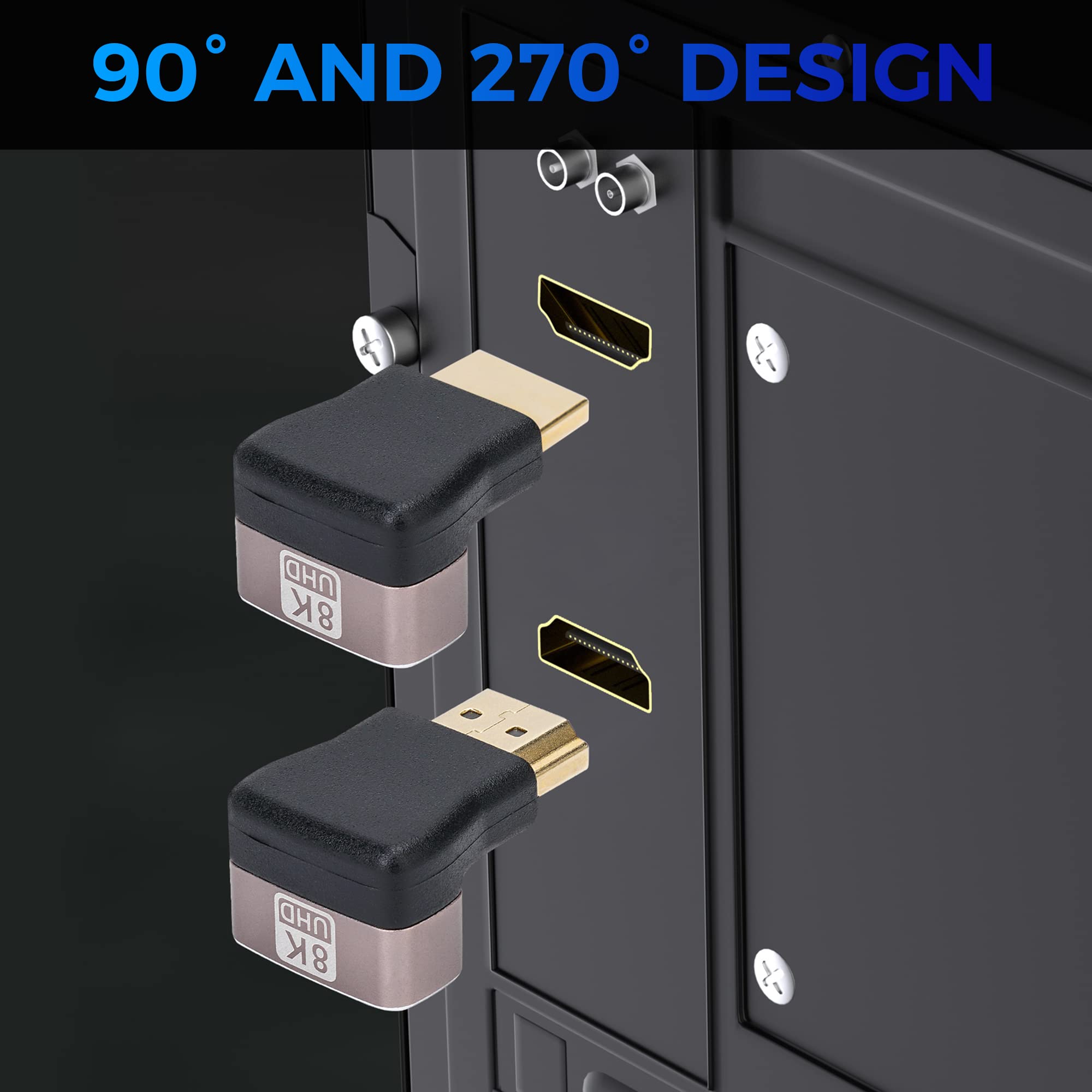 8K 90 Degree HDMI 2.1 Adapter 2 Pack, (Up and Down) Right Angle HDMI Male to Female HDMI L-Shaped Connector Extender Support 8K@60Hz,4K@120Hz for Google Chrome Cast, Roku Stick, Wall TV, Laptop and PC