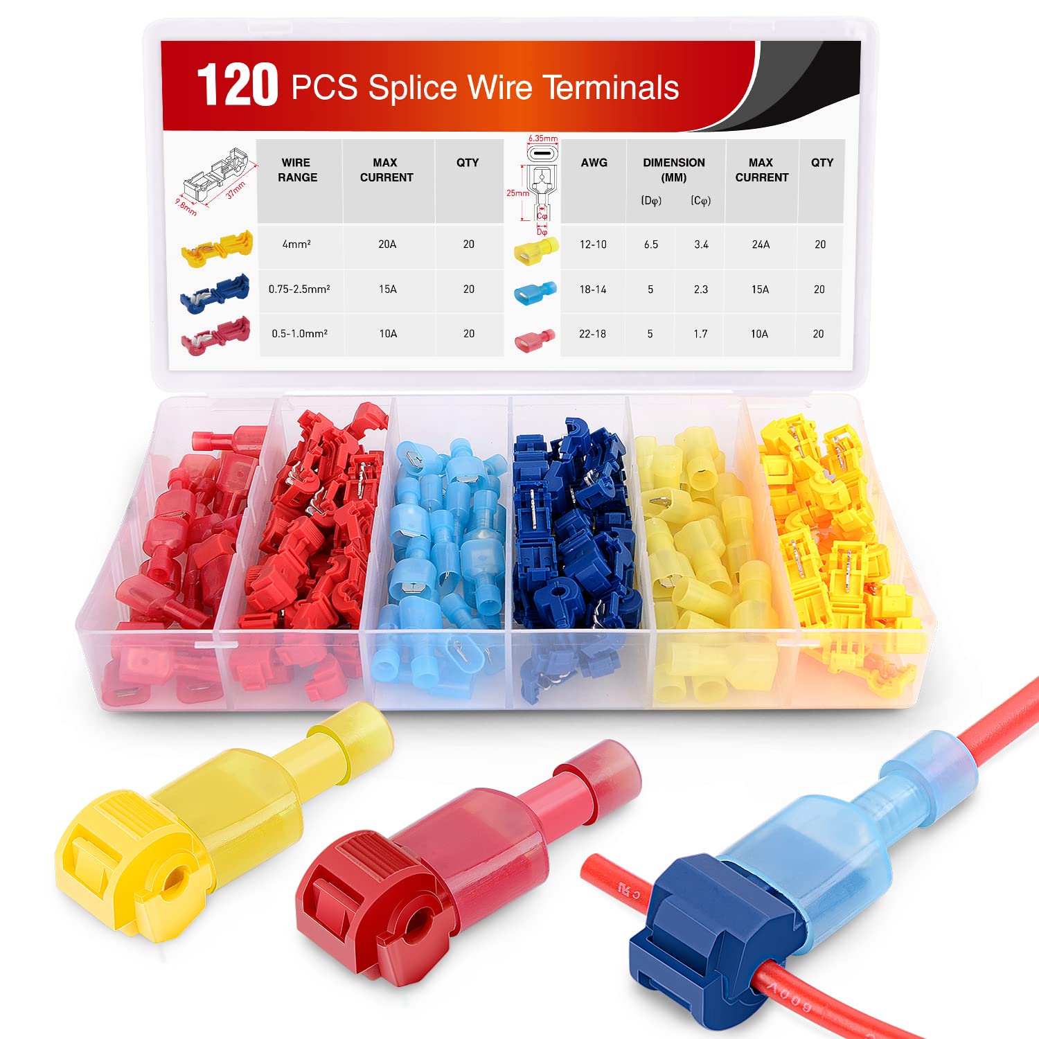 Nilight - 50004R 120 قطعة/60 زوجًا من أطراف توصيل الأسلاك السريعة ذاتية التعري، مع موصلات سريعة ذكر معزولة بالكامل من النايلون، ضمان لمدة سنتين