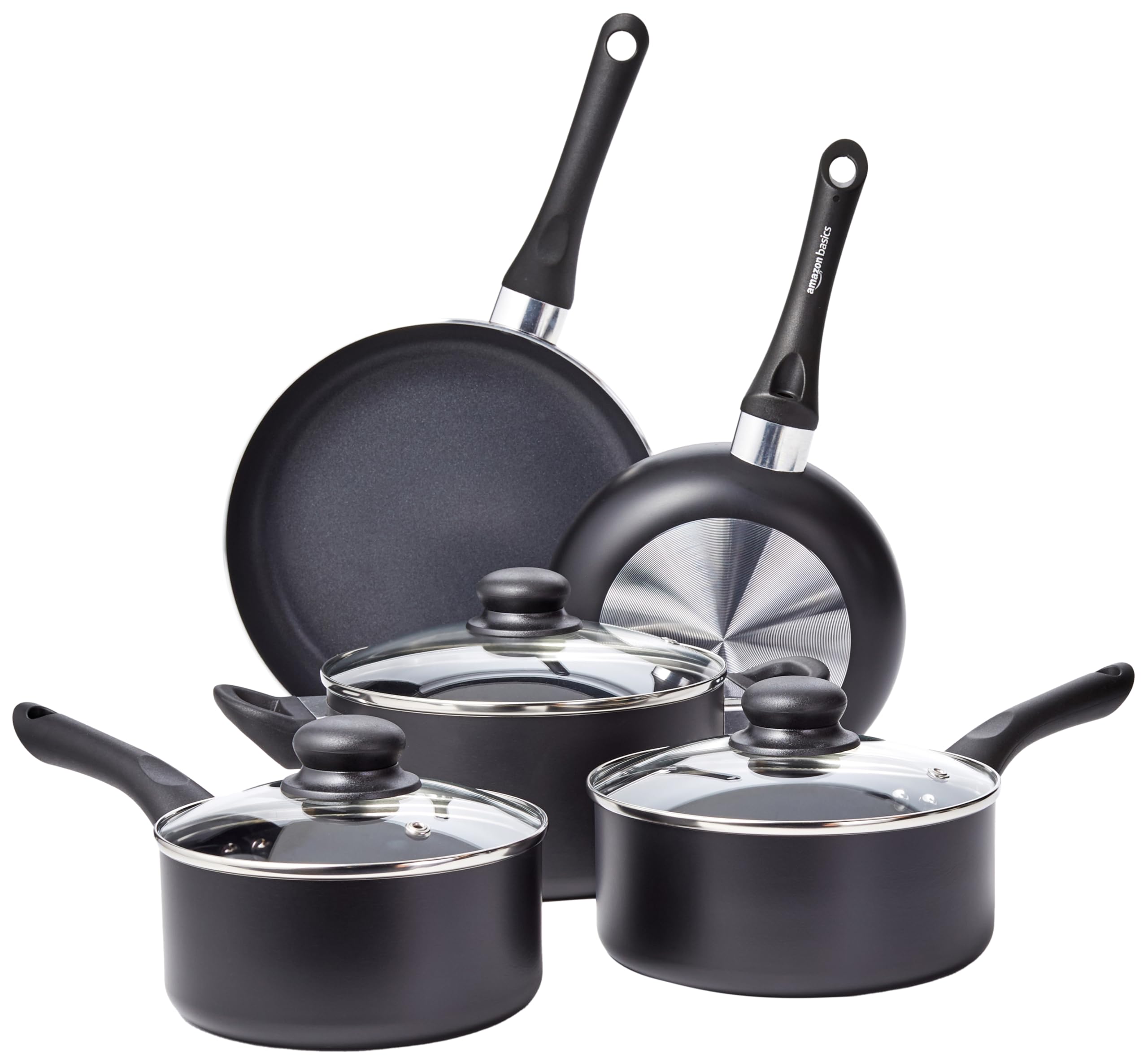 Basics Non Stick Kitchen Cookware 8-Piece Set, Non-Induction, Includes Pots and Pans, Black