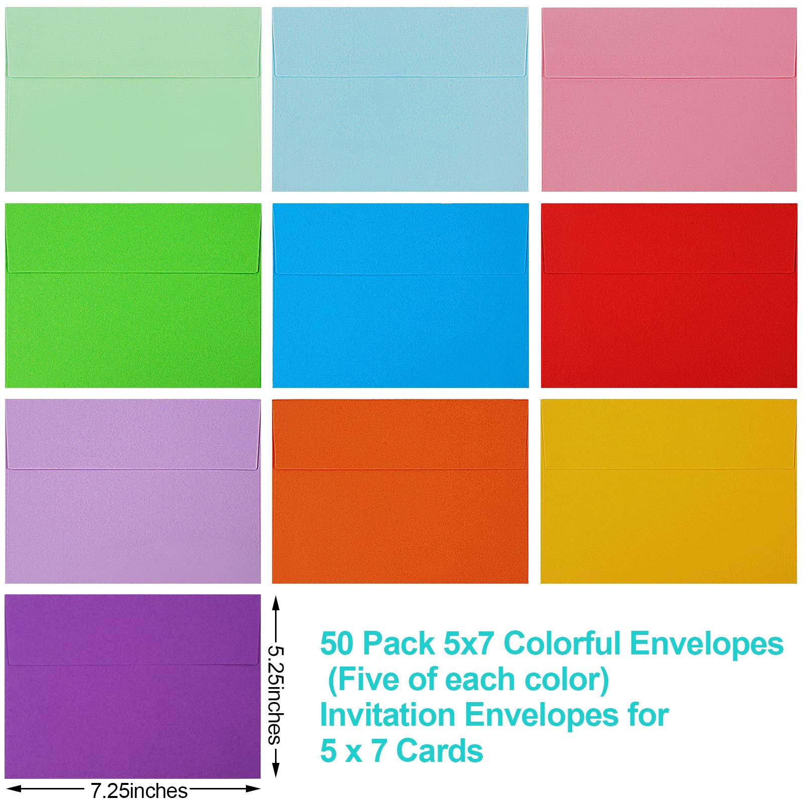 50 Pack Colored A7 Envelopes, 5x7 Self-Seal for Invitations, Weddings, Photos, Postcards, Greeting Cards, Mailing - Printable