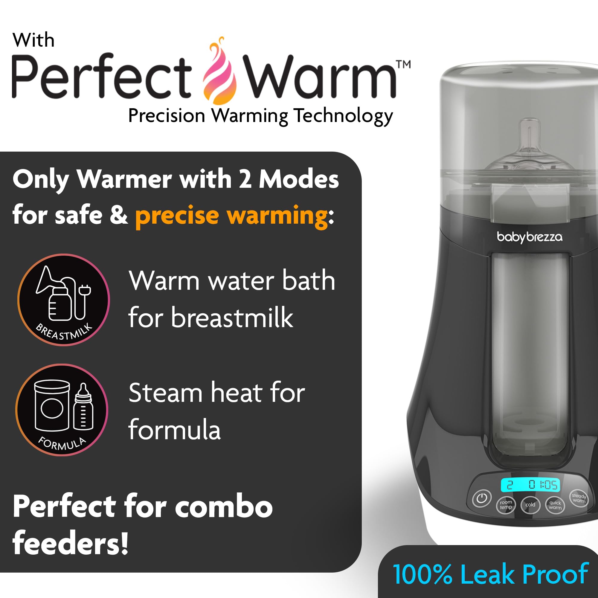 Baby Brezza Fast Baby Bottle Warmer - Baby Milk Warmer + Breastmilk Warmer Defroster – 2 Unique Temperatures for Breastmilk + Formula - Universal Fit for All Bottles, Storage Bags + Food Jars