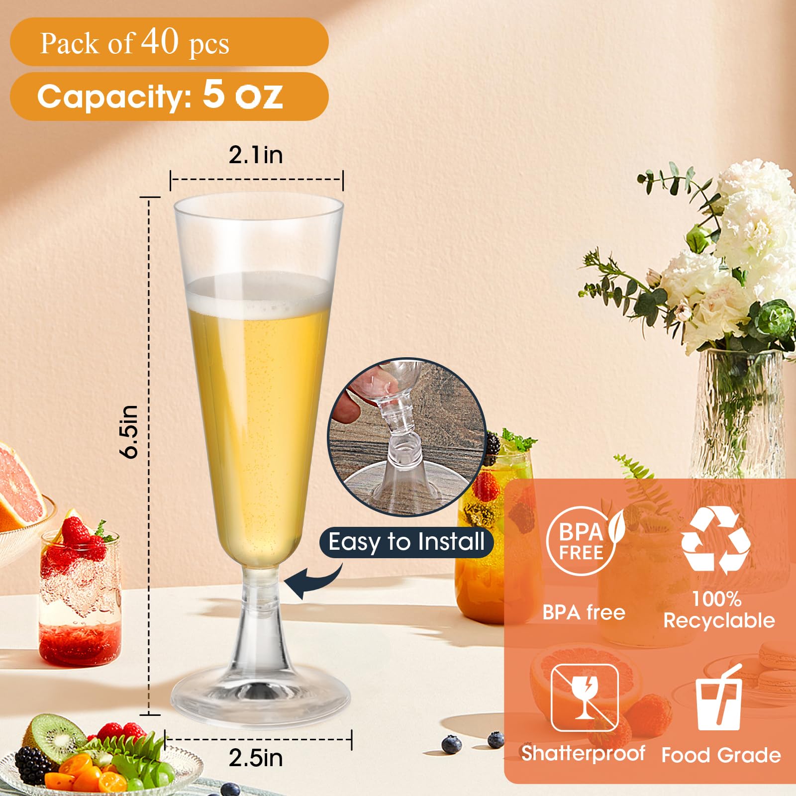 SUREHOME Plastic Champagne Flutes 40 Pack Disposable Champagne Glasses 5 Oz Clear Plastic Mimosa Glasses Wedding Cocktail Cups Bulk for Engagement Birthday Graduation Decorations 2025 Party Supplies