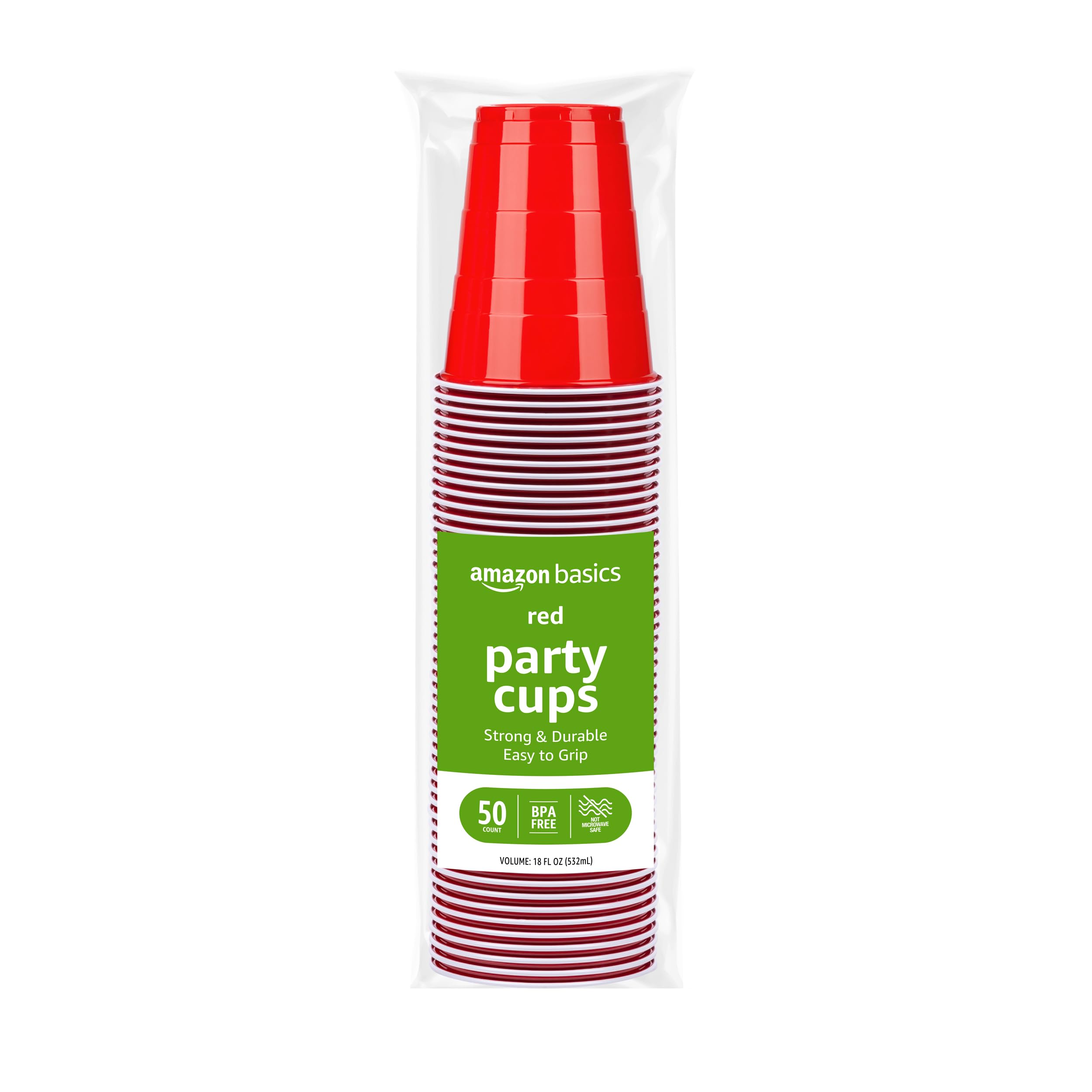 Basics Disposable Plastic Party Cups, Red, 18oz, 50 Count