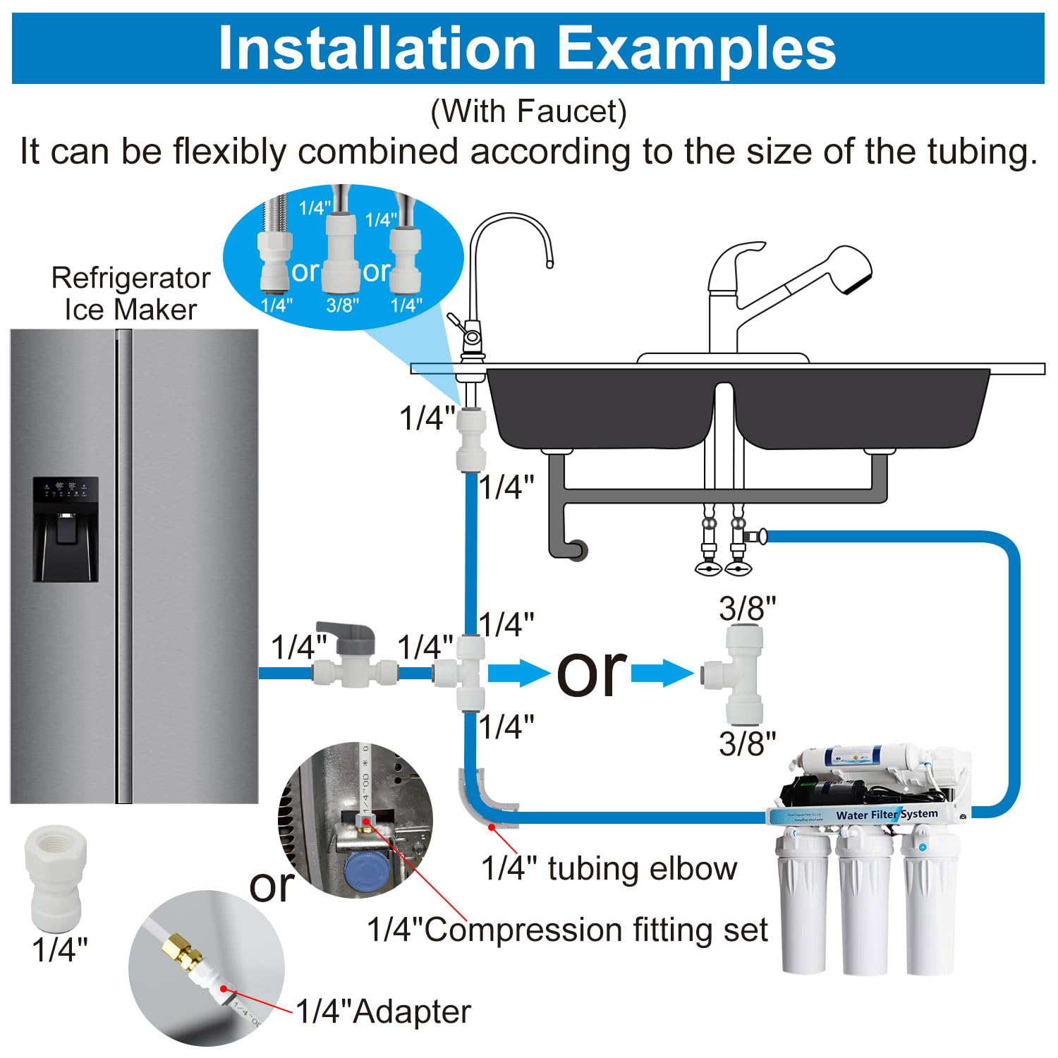 Refrigerator Water Line Kit Connection and 1/4 Compression Ice Maker Installation Kit,1/4" OD Tubing with Quick Connect for Fridge IceMaker Reverse Osmosis RO Systems Water Filters Faucet 25ft