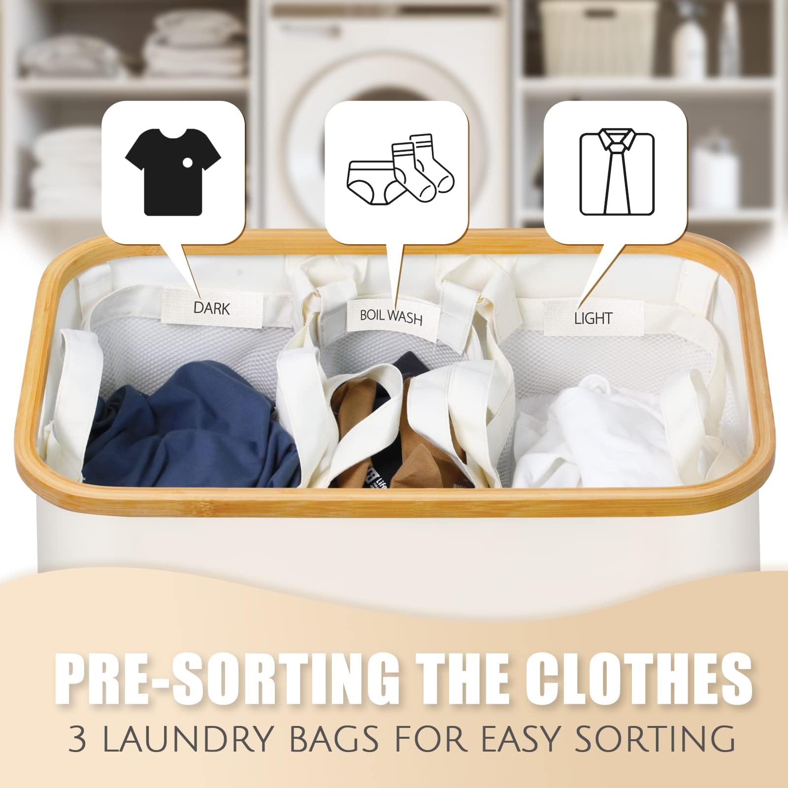 Laundry Basket with Lid, 145L Extra Large Laundry Hamper 3 Section Dirty Clothes Hampers for Laundry with Removable Laundry Bags, Laundry Sorter for Bedroom, Laundry Room, Beige