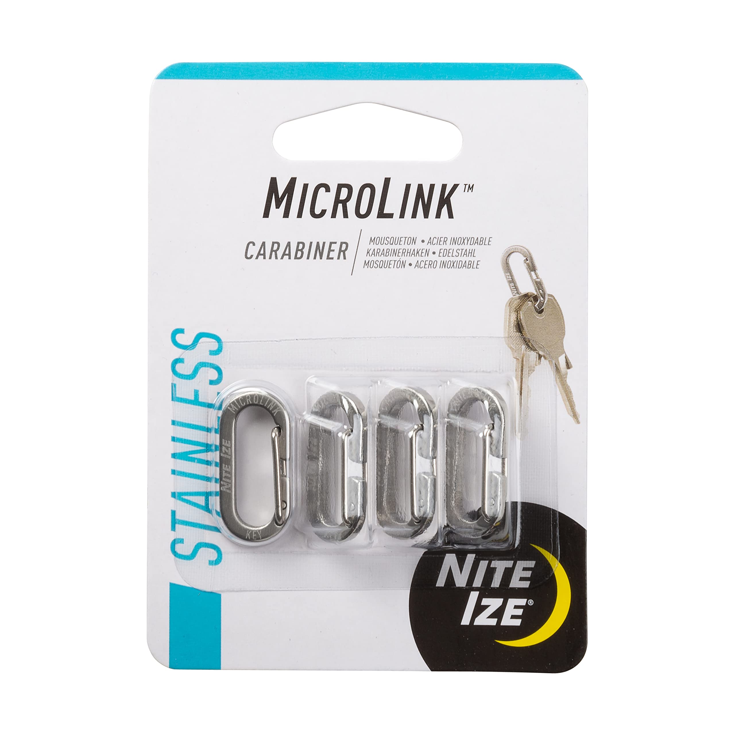 حلقات مفاتيح صغيرة من الفولاذ المقاوم للصدأ Nite Ize MicroLink Carabiner للمفاتيح وعلاقات المفاتيح والأدوات المتعددة والمزيد، 4 عبوات