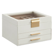 SONGMICS Jewelry Box Organizer with Glass Lid, 3-Layer Jewelry Storage, with 2 Drawers, Modern Style, 8 x 9.1 x 5.3 Inches, Cloud White and Gold Color UJBC239WT
