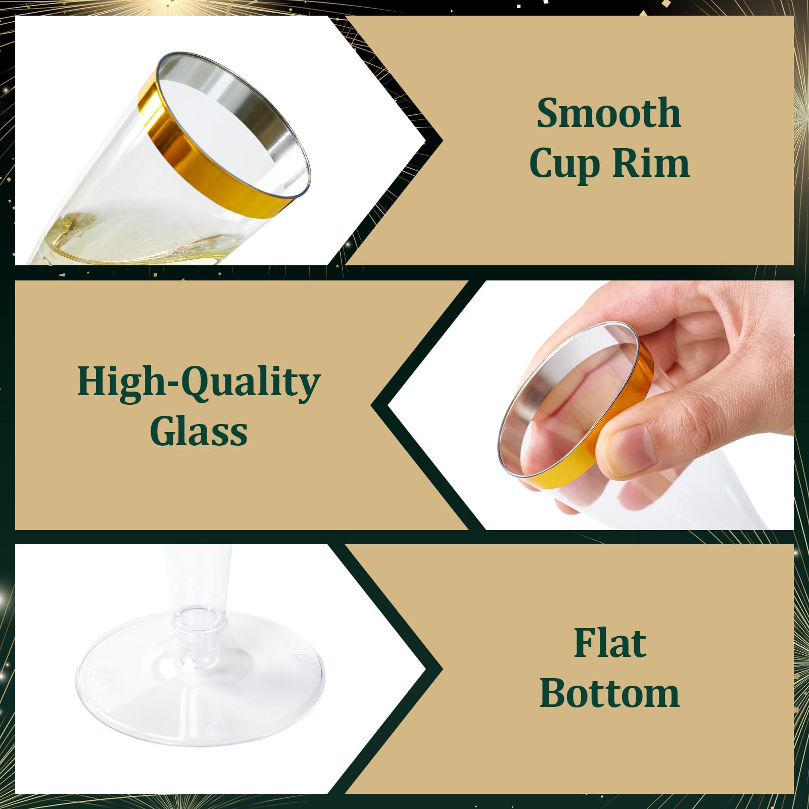 FOCUSLINE 100 Pack Plastic Champagne Flutes, 4.5 Oz Gold Rim Plastic Champagne Glasses, Disposable Clear Toasting Glasses Recyclable Champagne Cups for Wedding Party