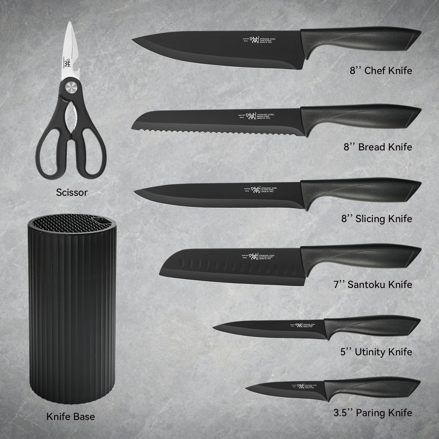 HUNTER.DUAL Knife Set, 8-Piece Kitchen Knife Set for Chef, Sharp Knife Set with Universal Knife Block, Anti-Rust Kitchen Knife Block Set, Ergonomical Design (Black)