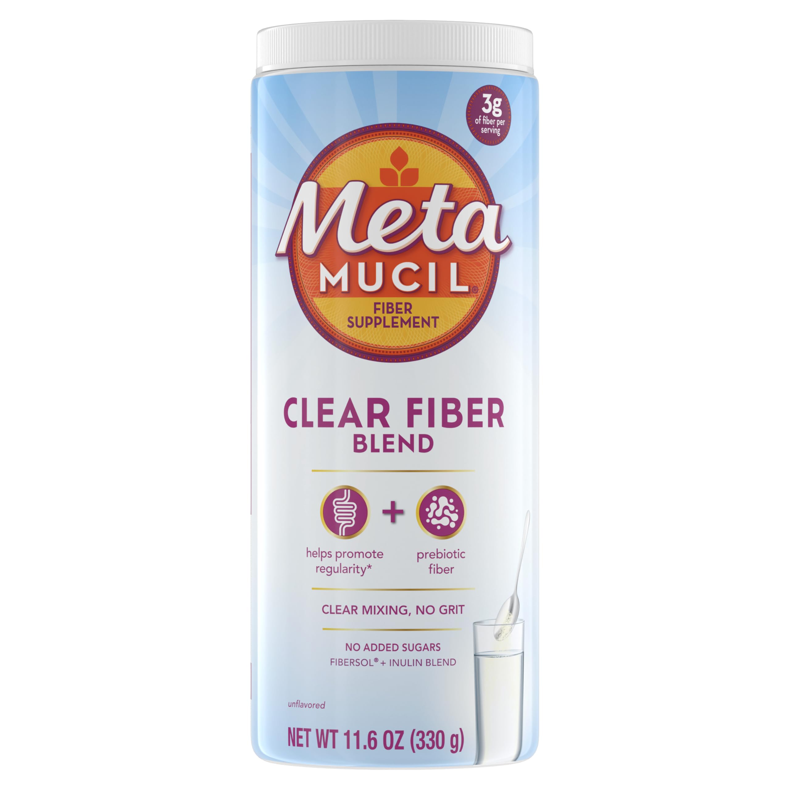 Metamucil Fiber Supplement, Unflavored Clear Mixing Powder, No Grit, No Sugar Added, Plant Based Prebiotic Fiber Supplement Blend for Daily Digestive Health, 75 teaspoons