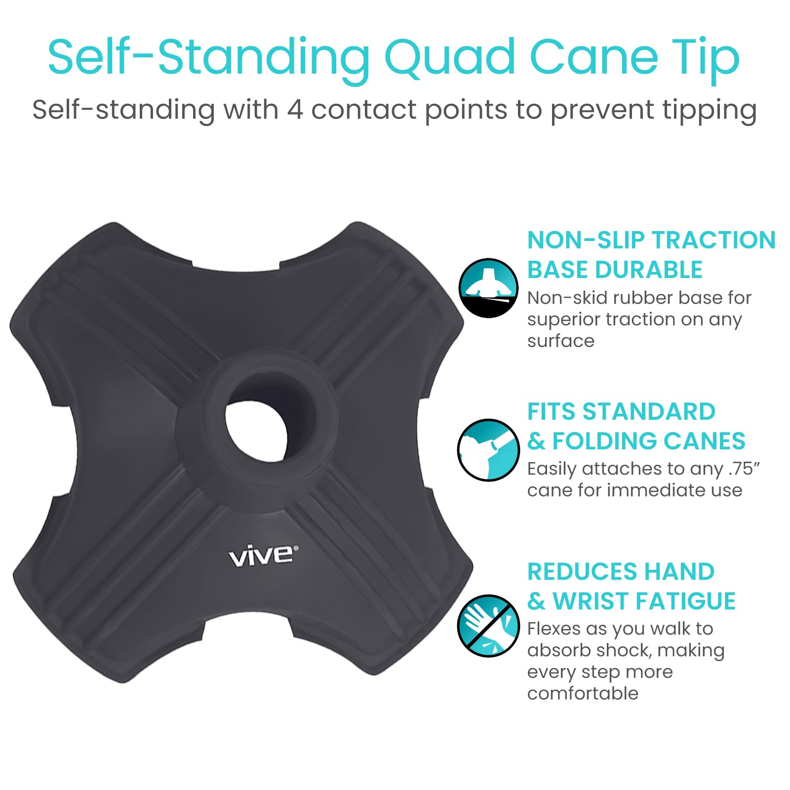 Vive Cane Tip - Self Standing Quad Base Replacement for Most Walking Canes, Walking Sticks, Folding Canes or Offset Quad Pod or Tripod Canes - 4 Prong Rubber Cane Foot Pad